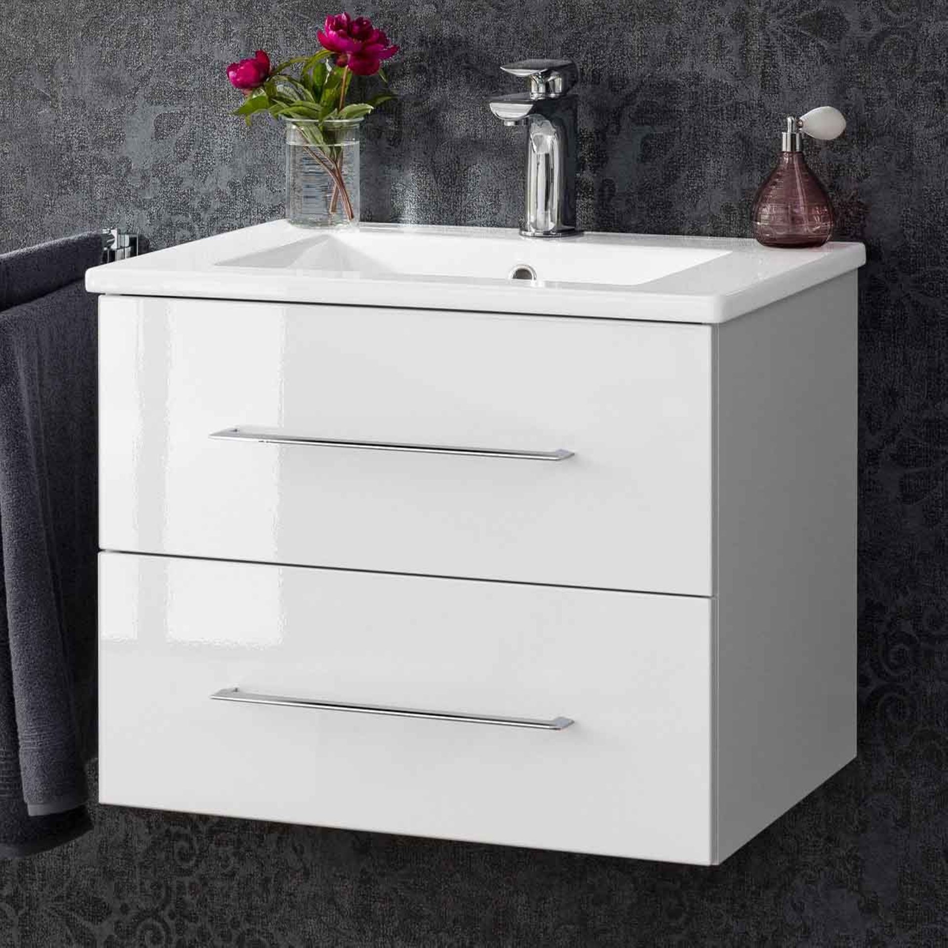 FACKELMANN B.PERFEKT Waschbecken mit Unterschrank 62 cm breit, Weiß, Waschbecken Keramik Weiß