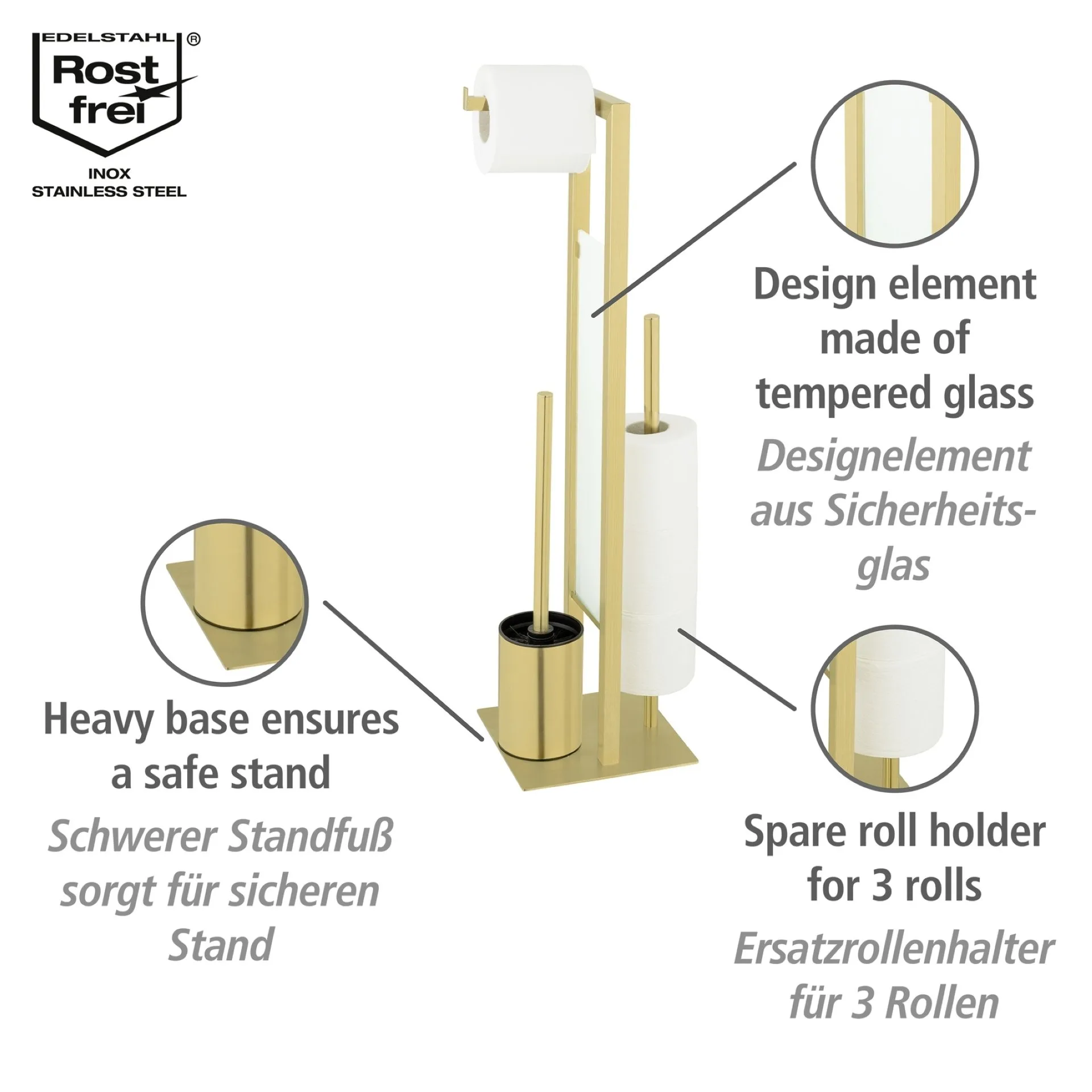 WENKO RIVALTA WC-Garnitur, Gold, mit Toilettenpapierhalter und Bevorrater, stehend