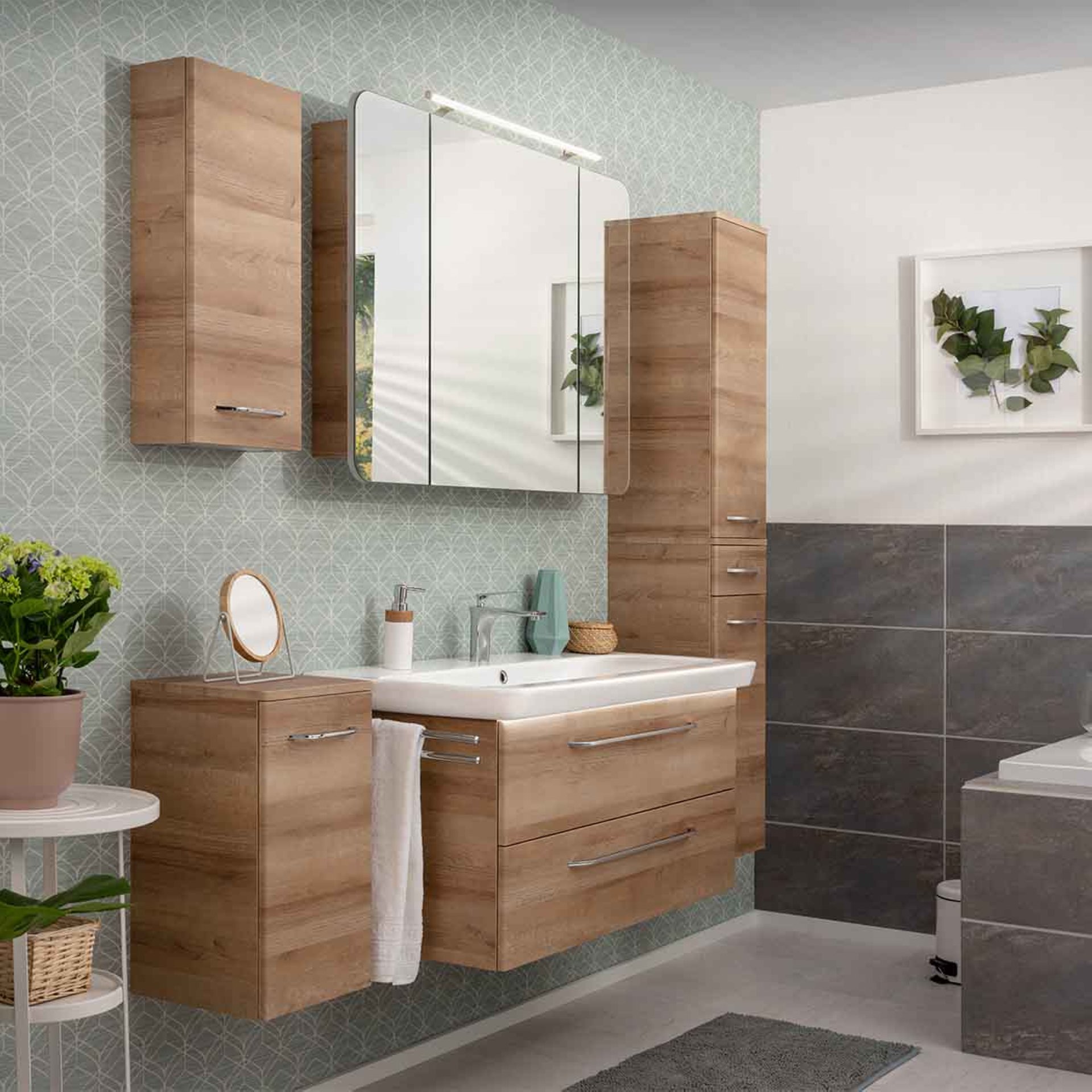 FACKELMANN MILANO Badmöbel Set 4-teilig 88 cm breit, Braun hell, Waschbecken Keramik Weiß + LED Spiegelschrank + Hängeschrank