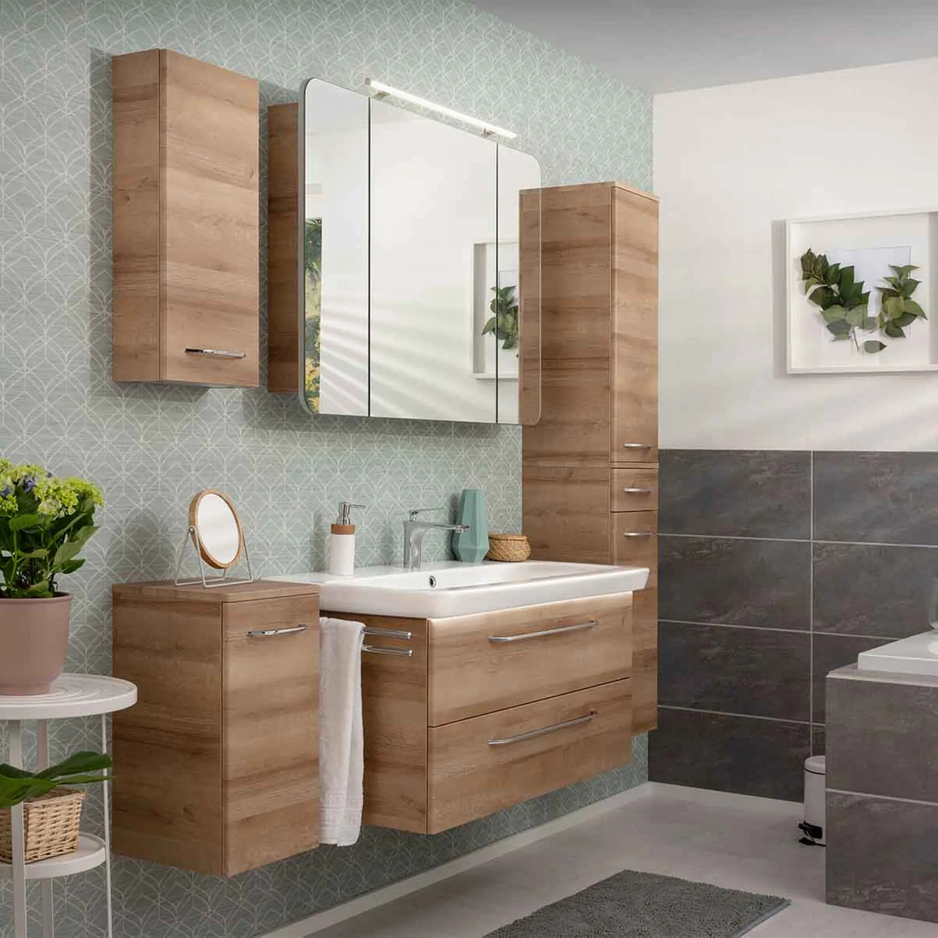 FACKELMANN MILANO Badmöbel Set 4-teilig 88 cm breit, Braun hell, Waschbecken Keramik Weiß + LED Spiegelschrank + Hängeschrank