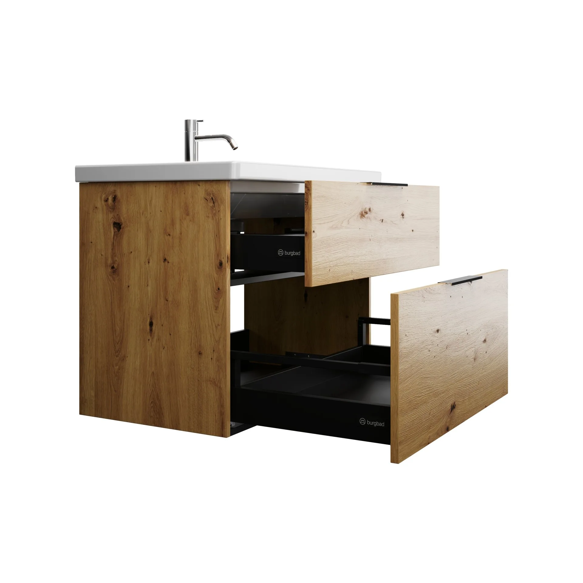 Burgbad EQIO Waschbecken mit Unterschrank 83 cm breit, Braun, Waschbecken Keramik Weiß