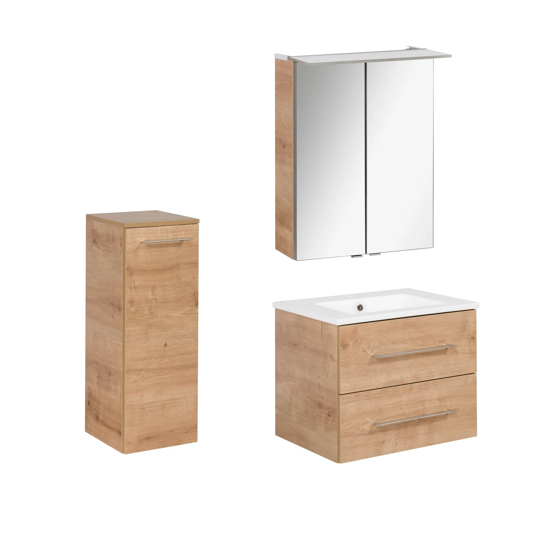 FACKELMANN B.PERFEKT Badmöbel Set 4-teilig 62 cm breit, Braun hell, Waschbecken Keramik Weiß + LED Spiegelschrank + Midischrank