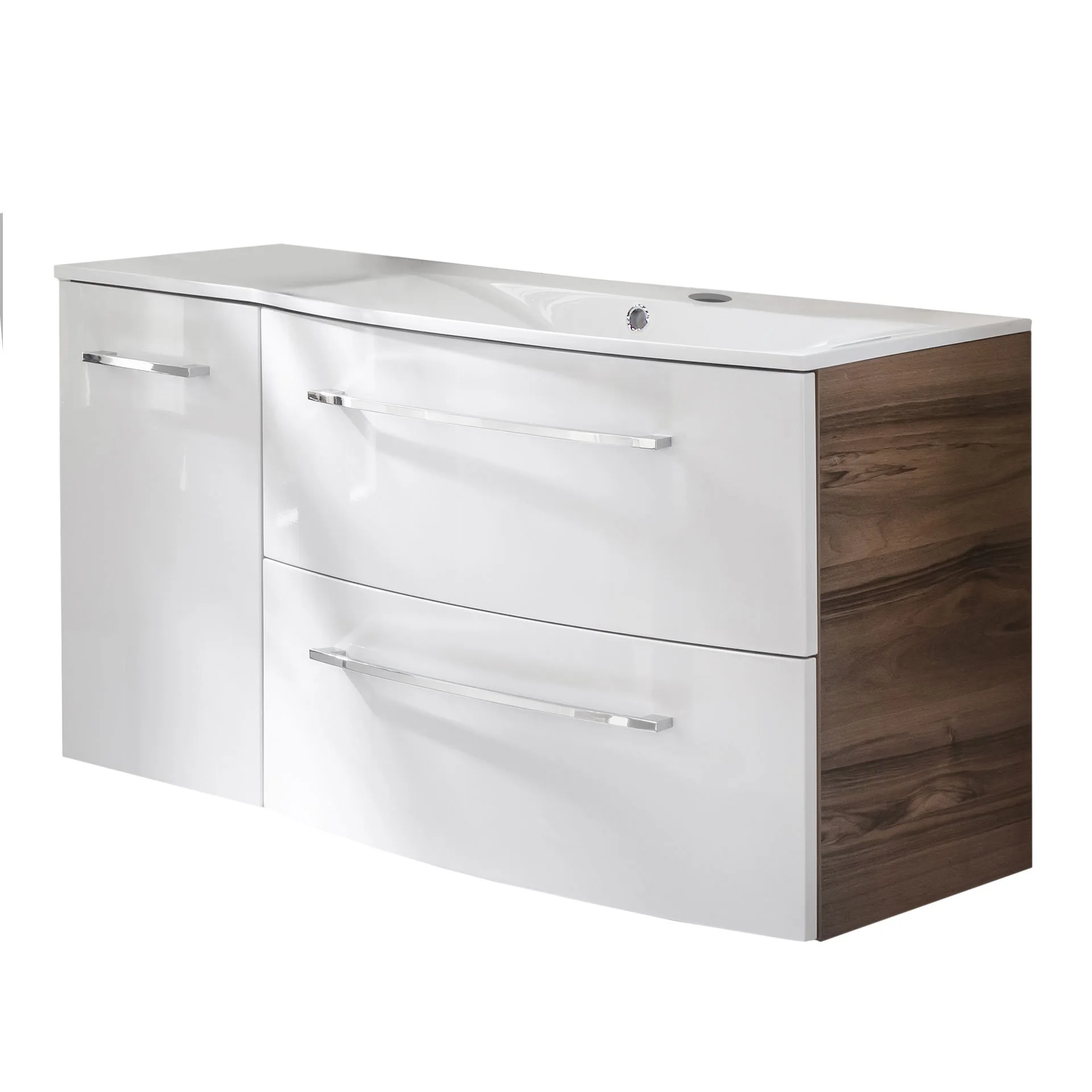 FACKELMANN VERONA Waschbecken mit Unterschrank 115 cm breit, Weiß/Braun Dunkel, Waschbecken Gussmarmor Weiß + Unterschrank Türanschlag rechts