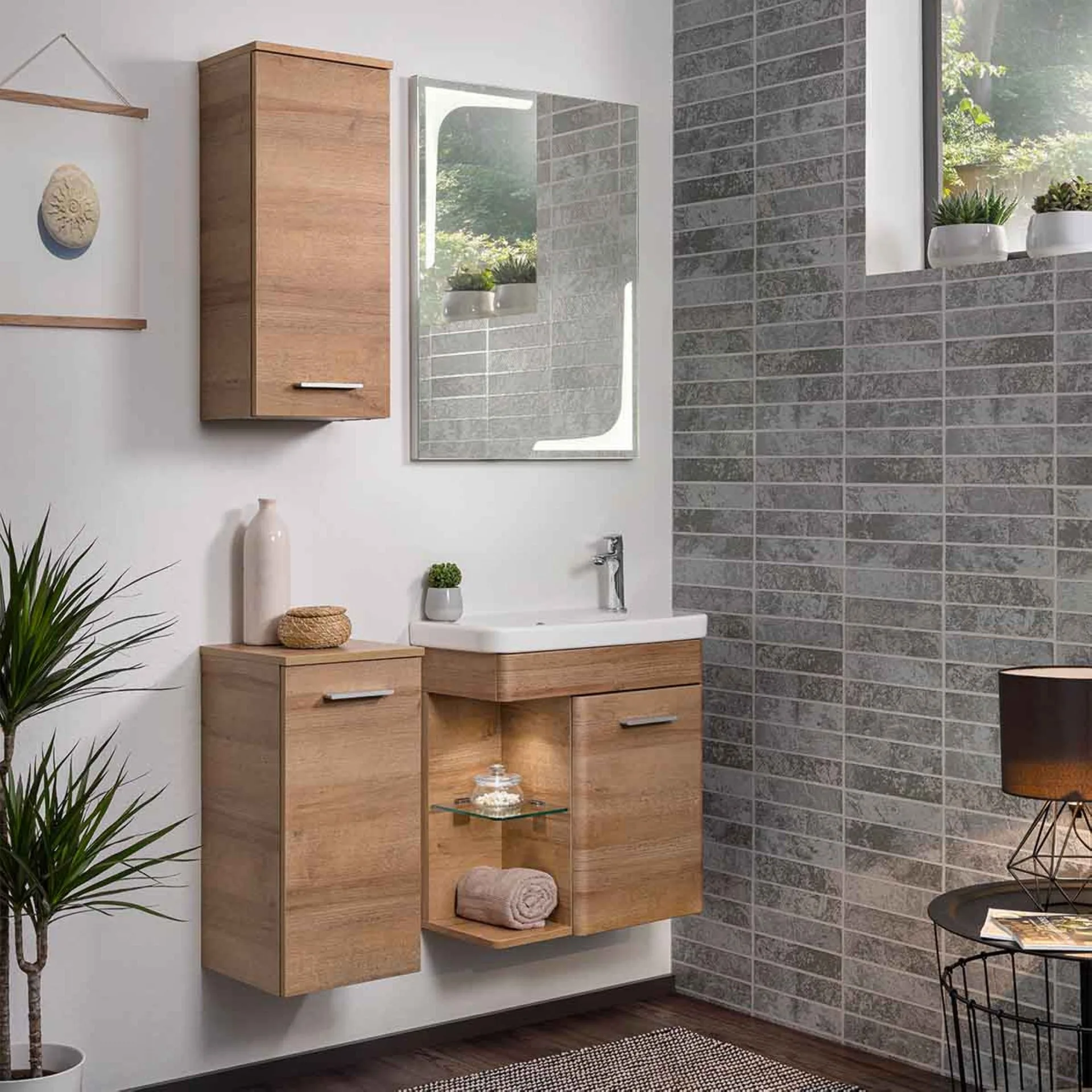 LANZET K8 Gäste WC Waschtisch Set 60 cm breit, Braun hell, Waschbecken Keramik Weiß, Türanschlag rechts