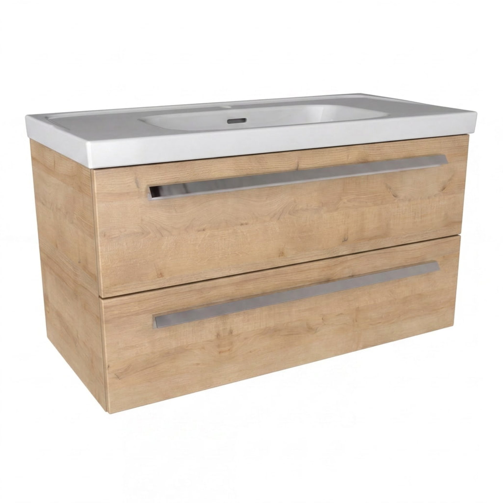 BADEDU TESSANO Waschbecken mit Unterschrank 90 cm breit, Braun hell, Waschbecken Keramik Weiß