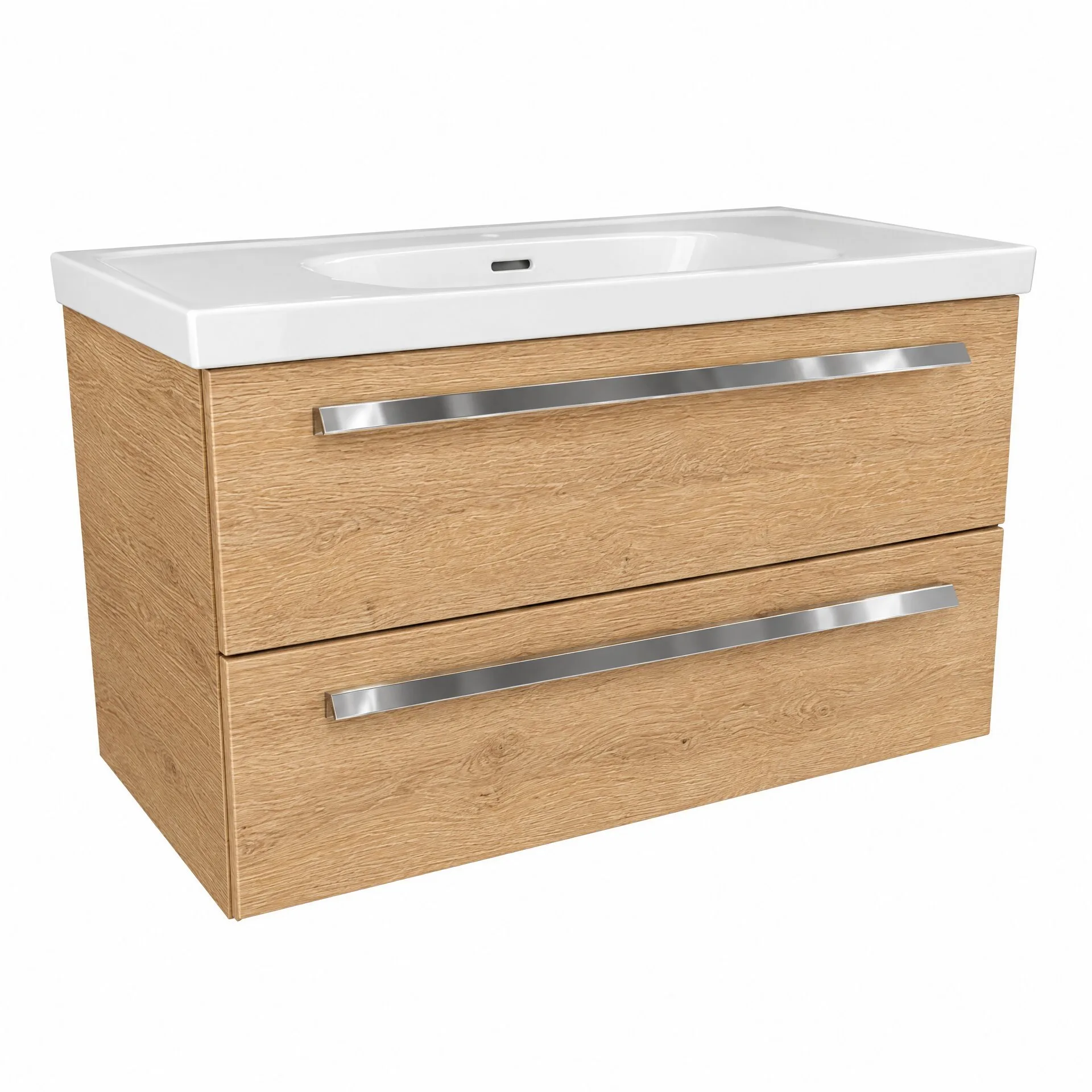 BADEDU TESSANO Waschbecken mit Unterschrank 90 cm breit, Braun hell, Waschbecken Keramik Weiß