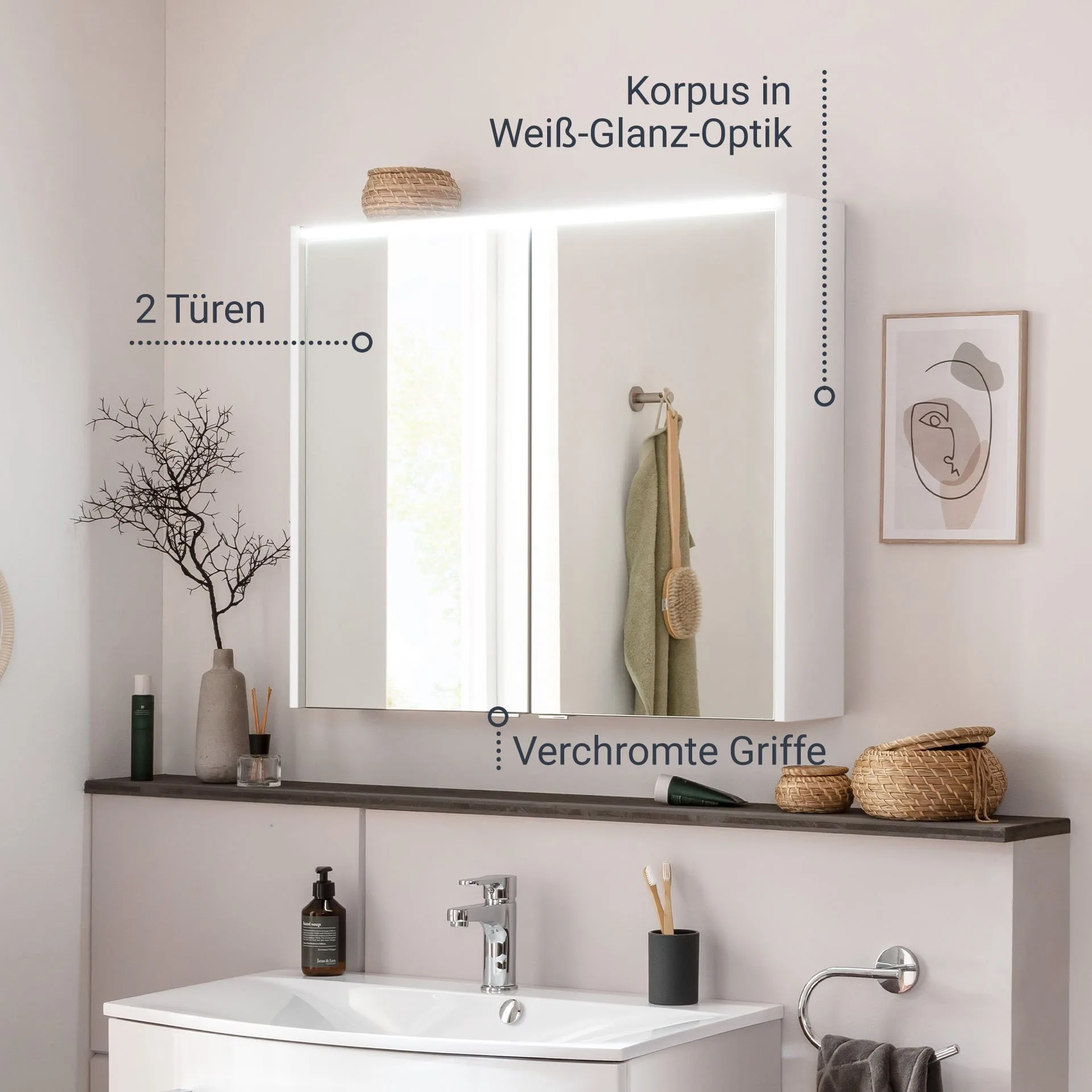 FACKELMANN VERONA LED Spiegelschrank 80 cm breit, Weiß Hochglanz