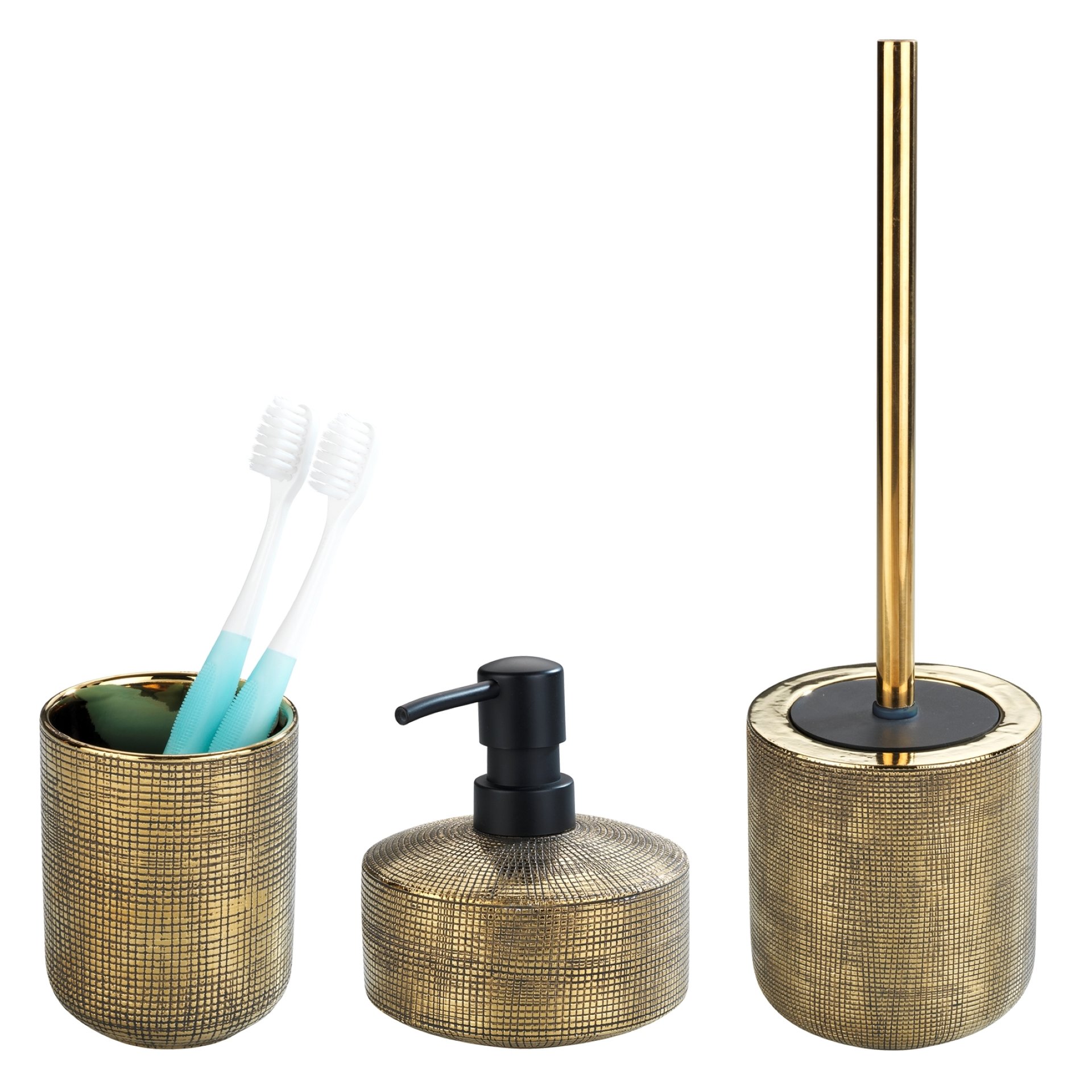 WENKO RIVARA Accessoire Set, Gold, Zahnputzbecher, Seifenspender, WC-Garnitur, Keramik