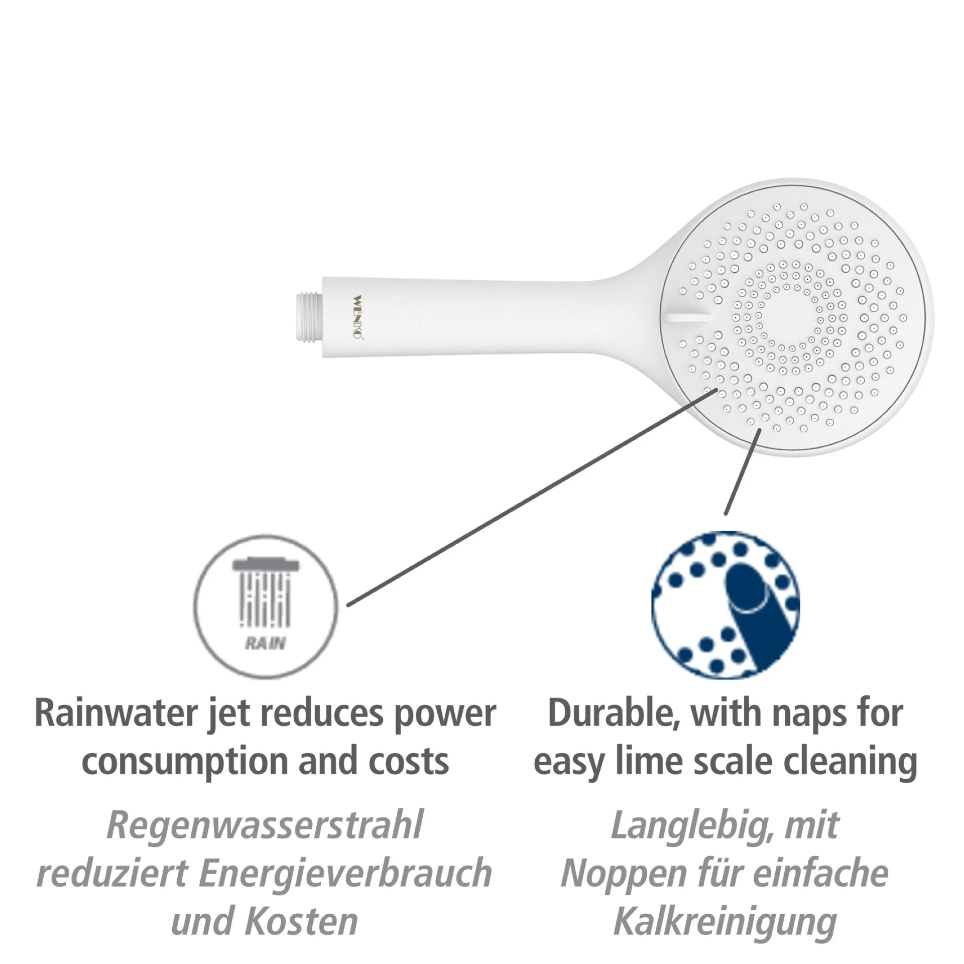 WENKO Stangenbrause Set 70 cm, Weiß, mit Wassersparsystem, 3 verschiedene Wasserstrahlarten, Edelstahl