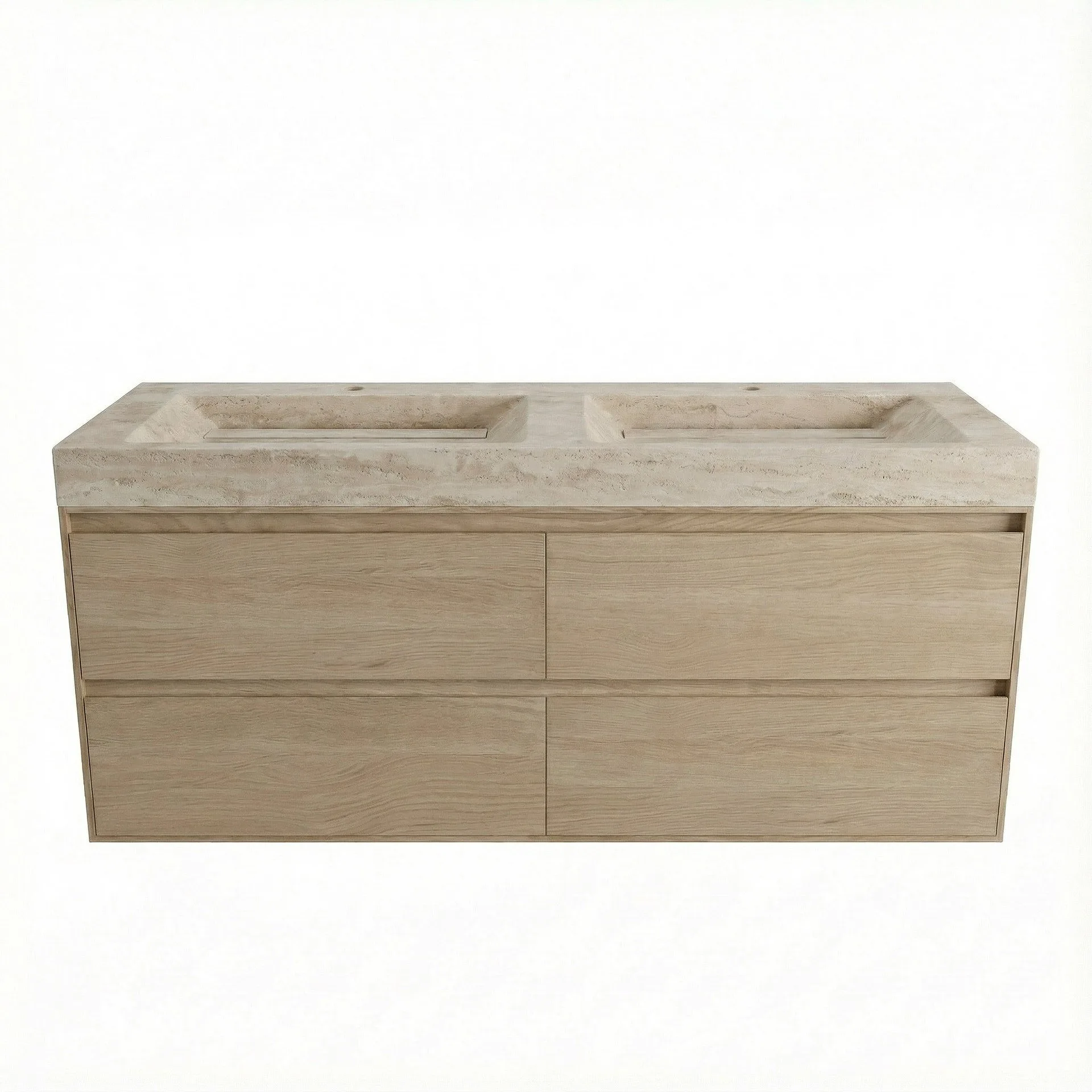 FORZALAQUA IBIZA BELLEZZA Waschbecken mit Unterschrank 160 cm breit, Braun hell, Doppelwaschbecken Naturstein Travertin matt mit zwei Hahnlöchern, 4 Schubladen