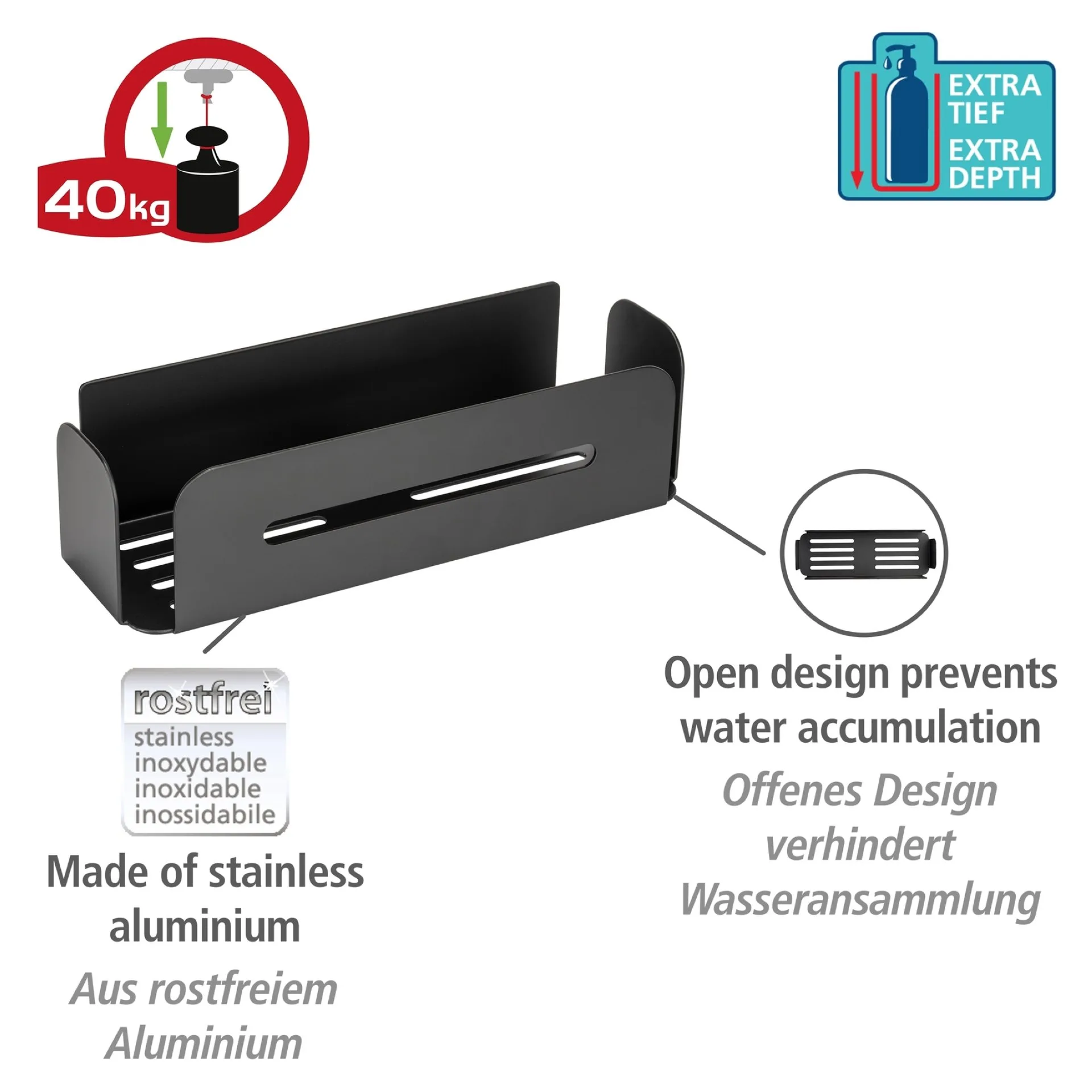 WENKO BIVIO Duschablage 30 cm breit, Schwarz matt, Befestigen ohne Bohren