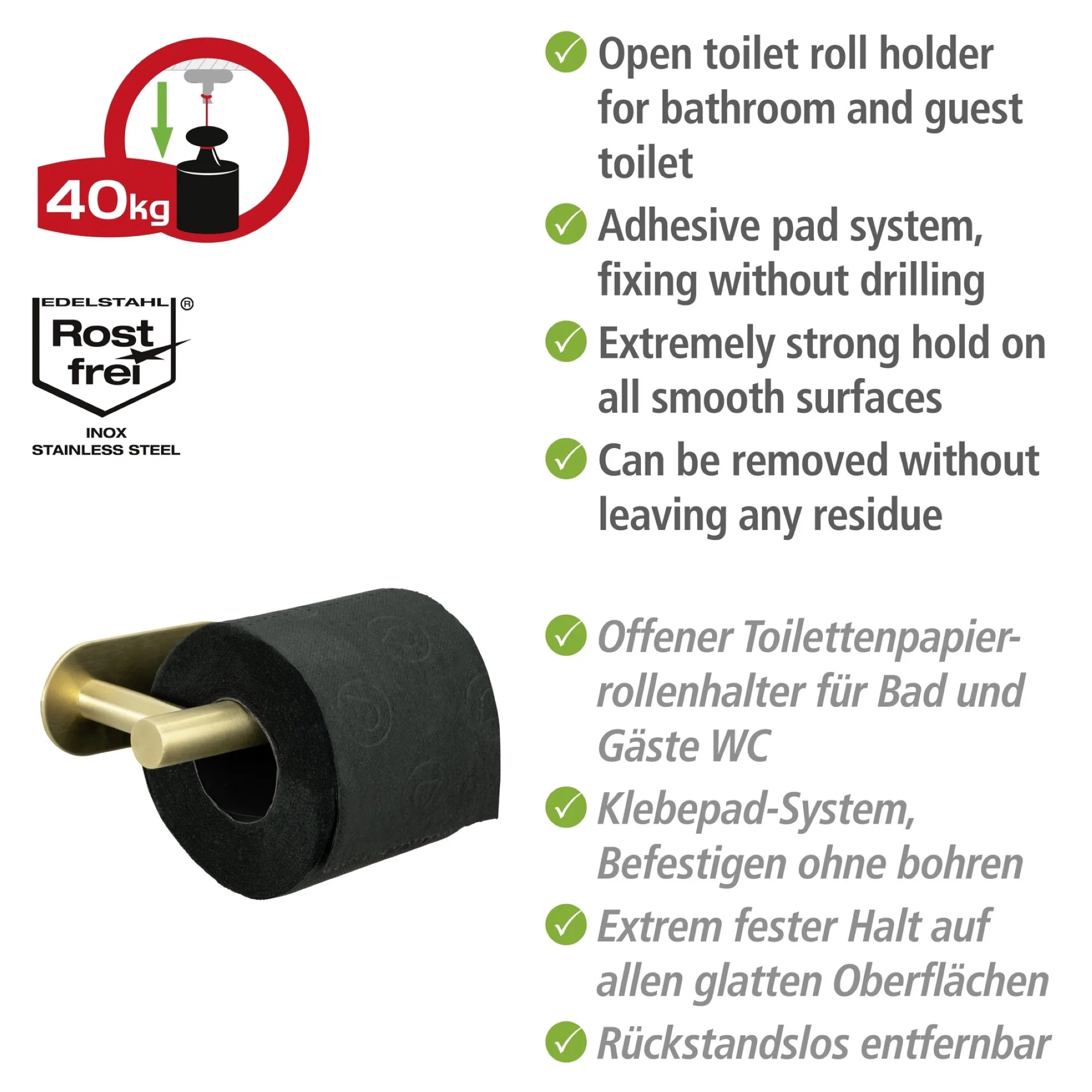 WENKO OREA Toilettenpapierhalter, Gold matt, Befestigen ohne Bohren