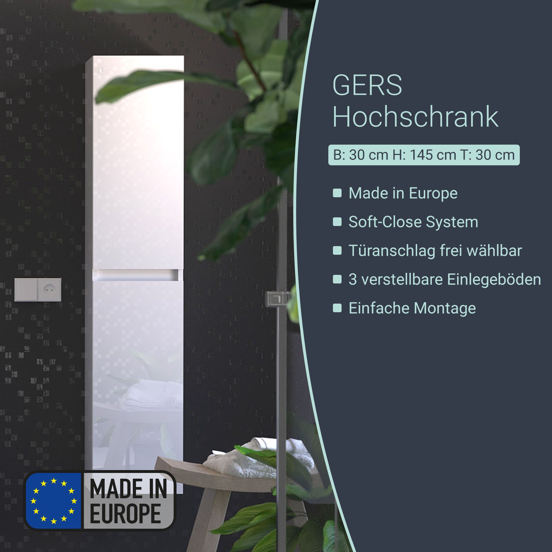 BADEDU GERS Hochschrank 30 cm breit, Weiß