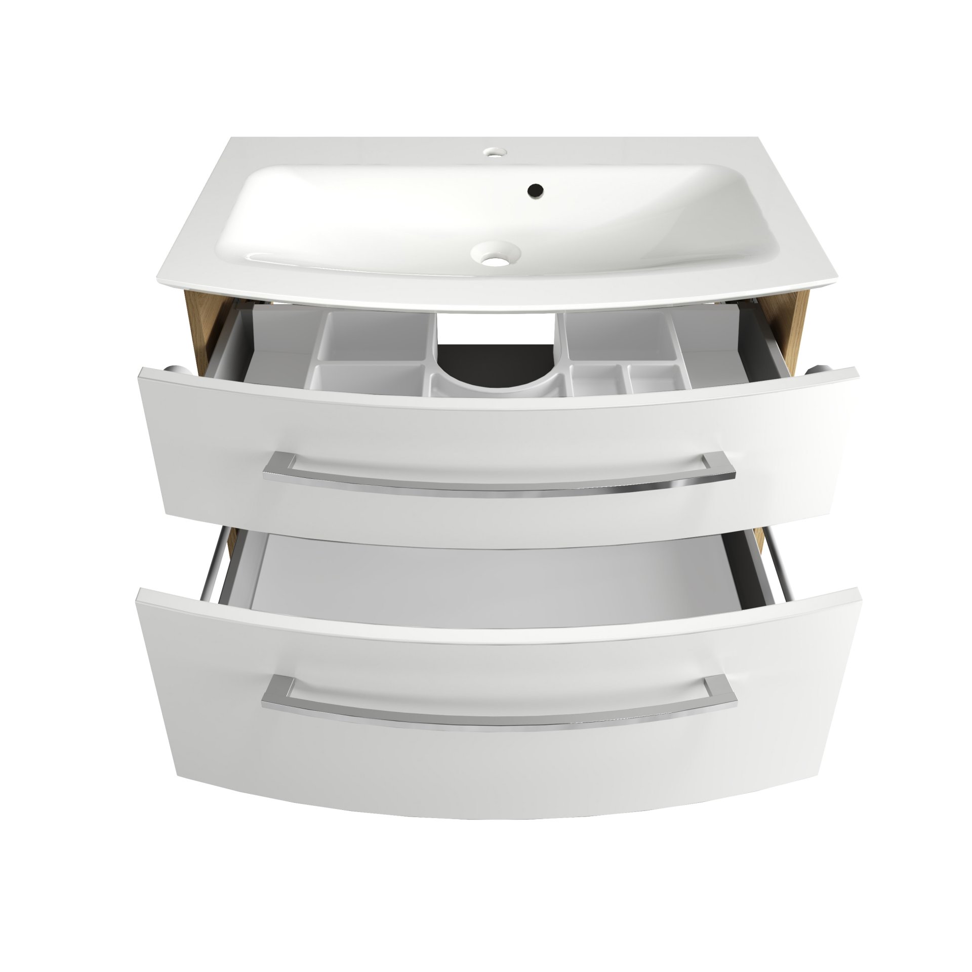 Fackelmann B.STYLE Badmöbel Set 4-teilig, 83 cm, Weiß/Braun + LED-Spiegelschrank + Hochschrank rechts