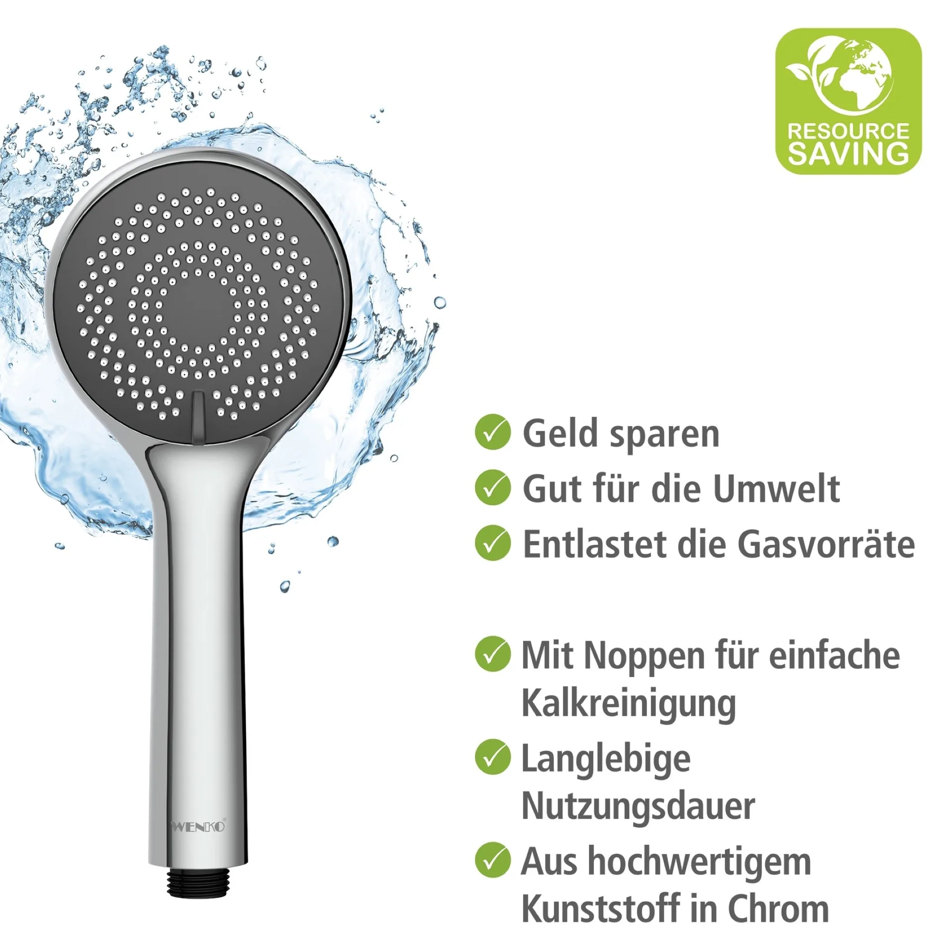 WENKO Duschkopf Ø 9,6 cm, Chrom, mit Wassersparsystem, 3 verschiedene Wasserstrahlarten