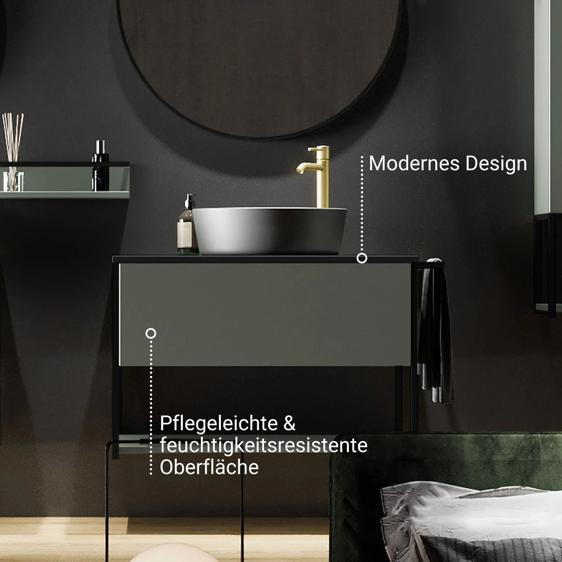 BADEDU DUNA Waschtisch mit Unterschrank 60 cm breit, Grün, Waschbecken Keramik Weiß