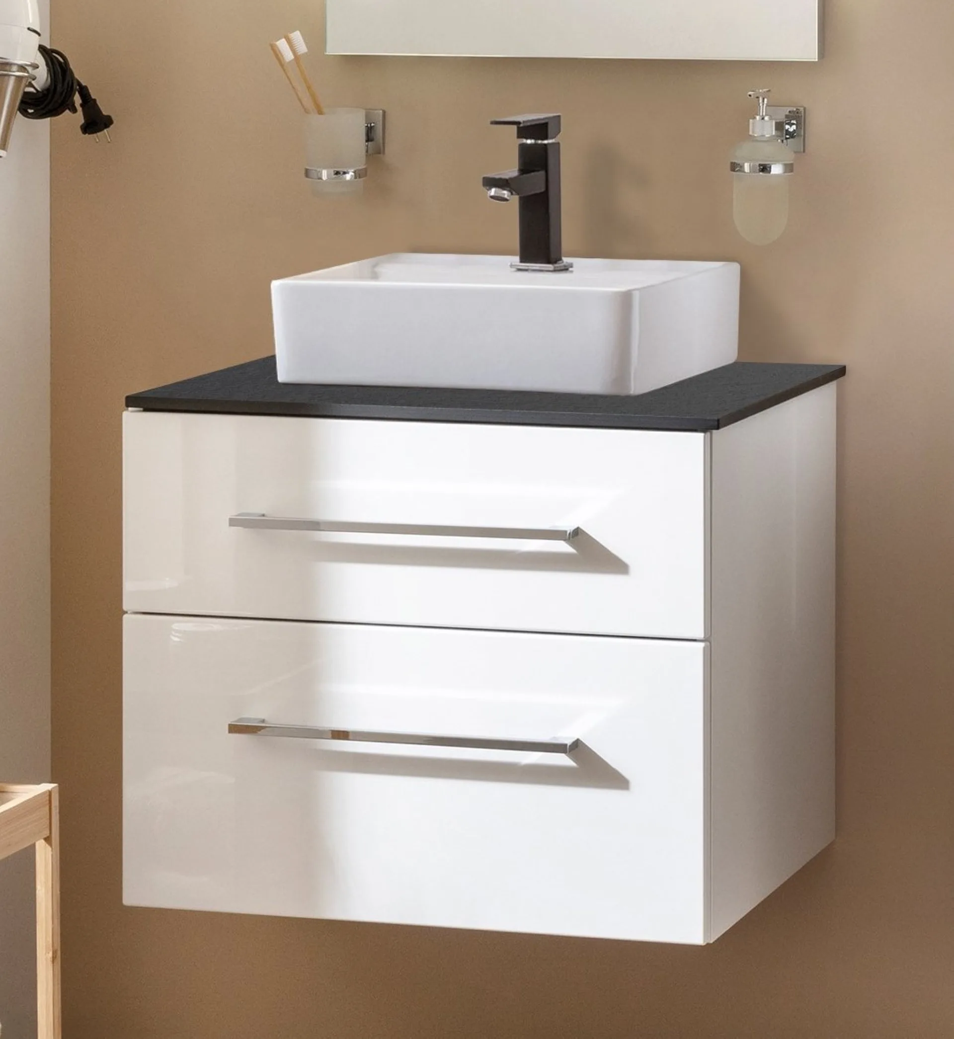 FACKELMANN OXFORD Waschbecken mit Unterschrank 60 cm breit, Weiß, Aufsatzwaschbecken Keramik Weiß + Waschtischplatte