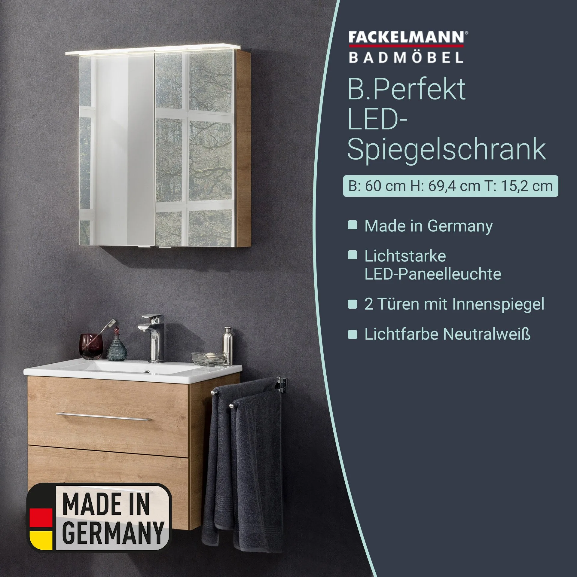 FACKELMANN B.PERFEKT Badmöbel Set 4-teilig 62 cm breit, Braun hell, Waschbecken Keramik Weiß + LED Spiegelschrank + Hochschrank