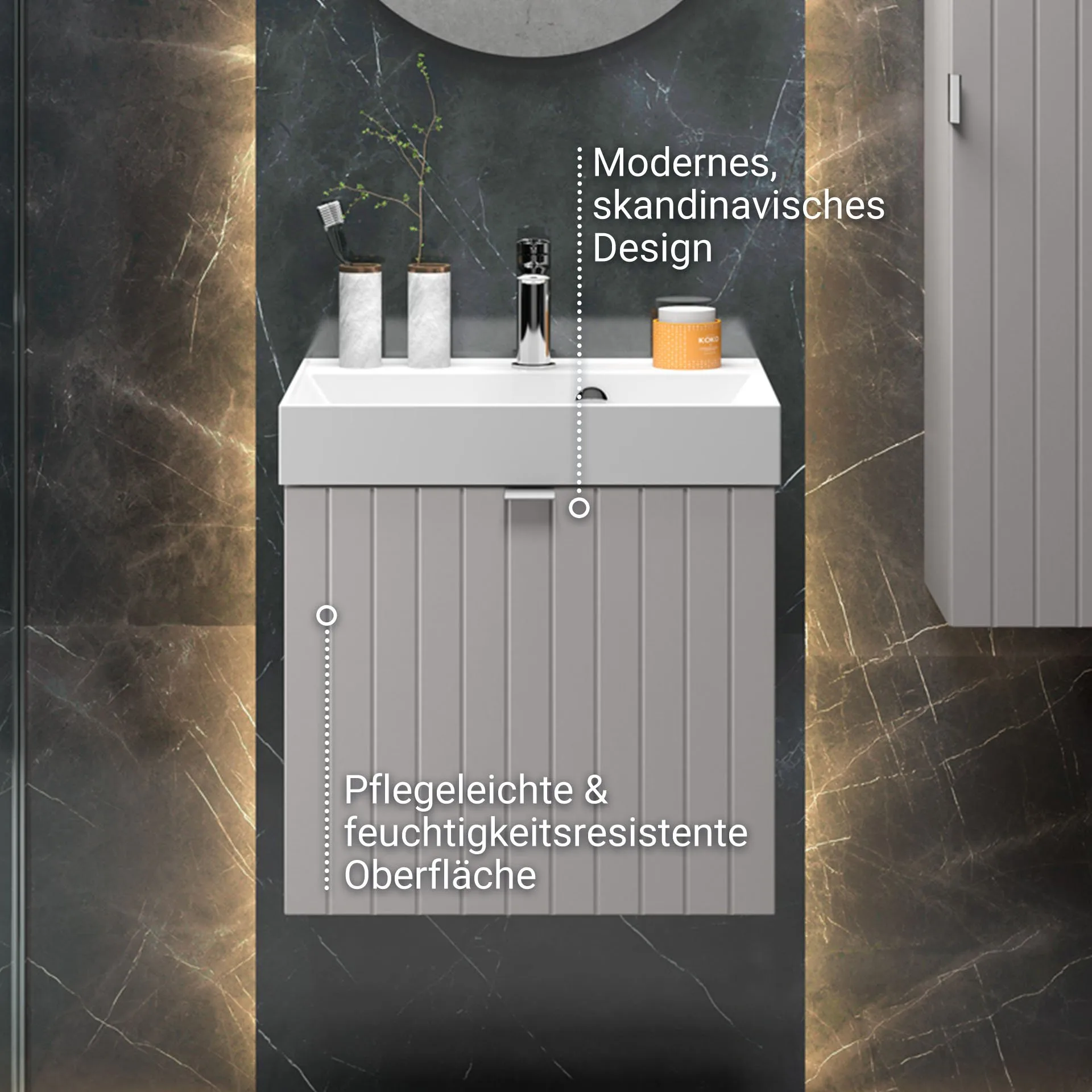 BADEDU ESLA Waschbecken mit Unterschrank 50 cm breit, Grau, Waschbecken Gussmarmor Weiß