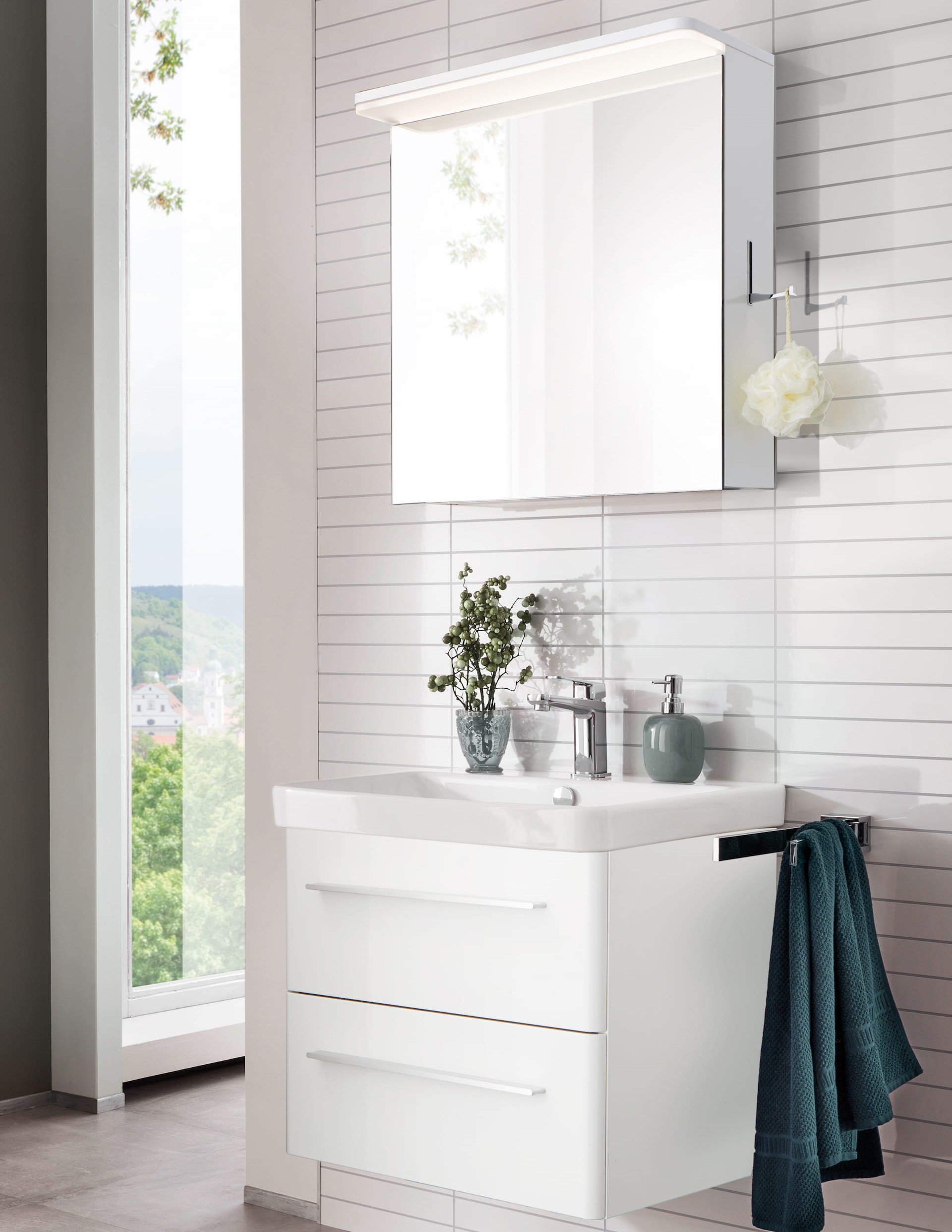 Lanzet K8 Badmöbel Set 3-teilig, 60cm, Weiß, LED-Spiegelschrank, Keramikbecken