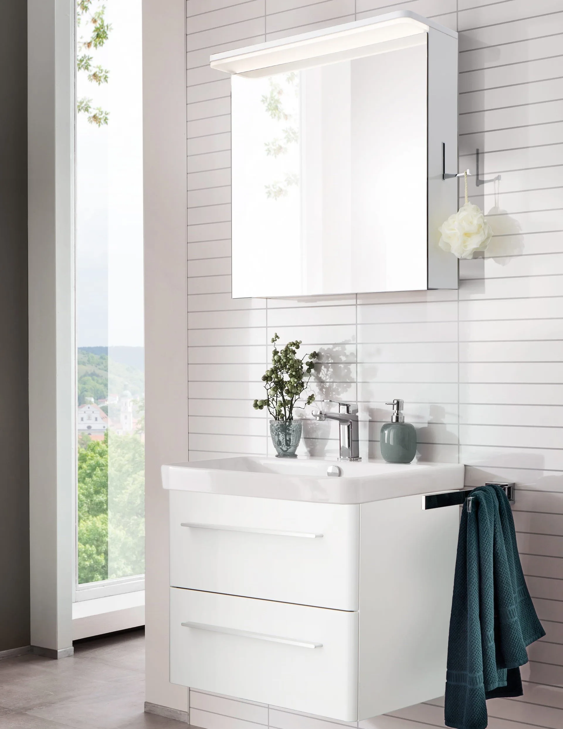 LANZET K8 Waschtisch Set mit Spiegelschrank 60 cm breit, Weiß, Waschbecken Keramik Weiß