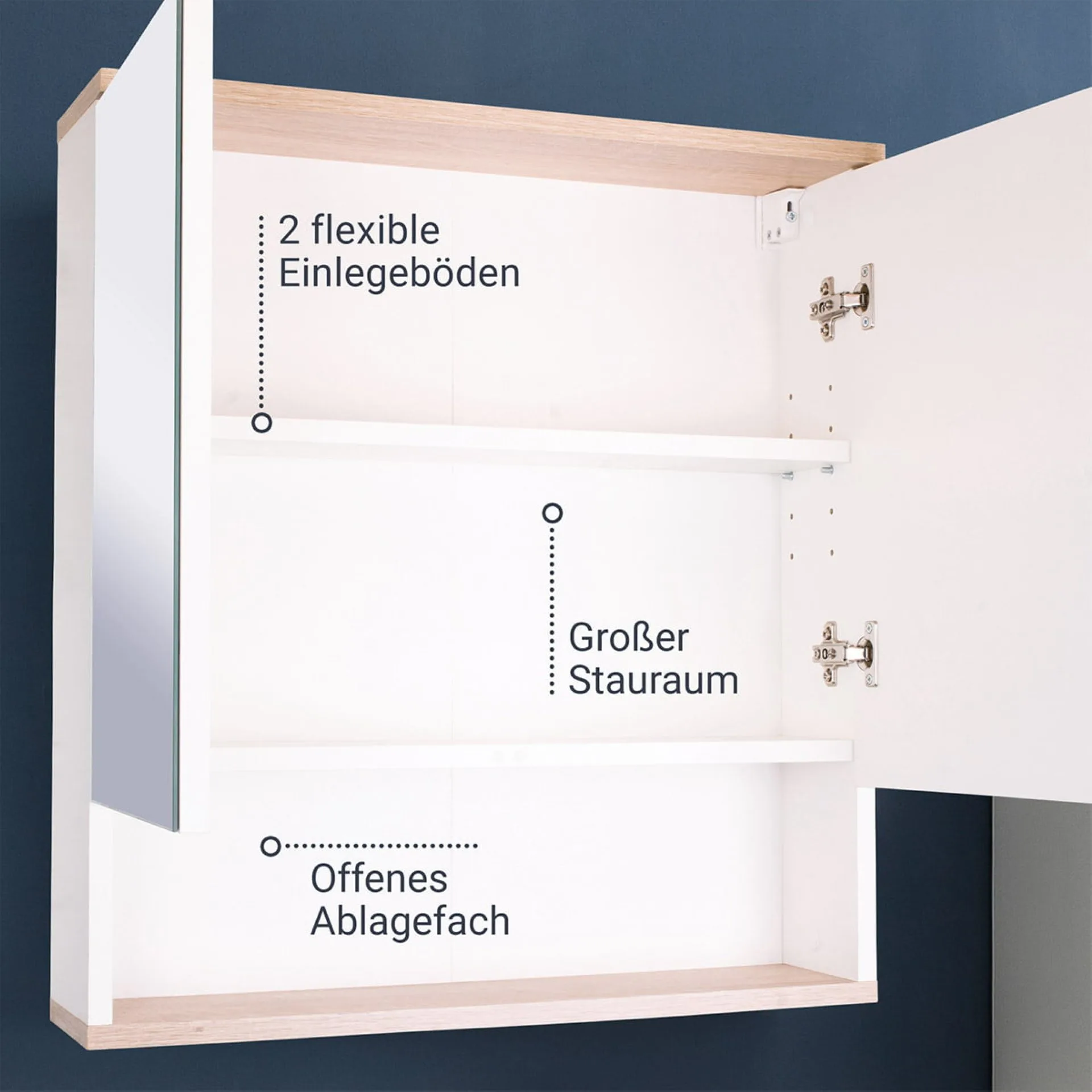 BADEDU ARC Spiegelschrank 60 cm breit, Weiß/Braun hell
