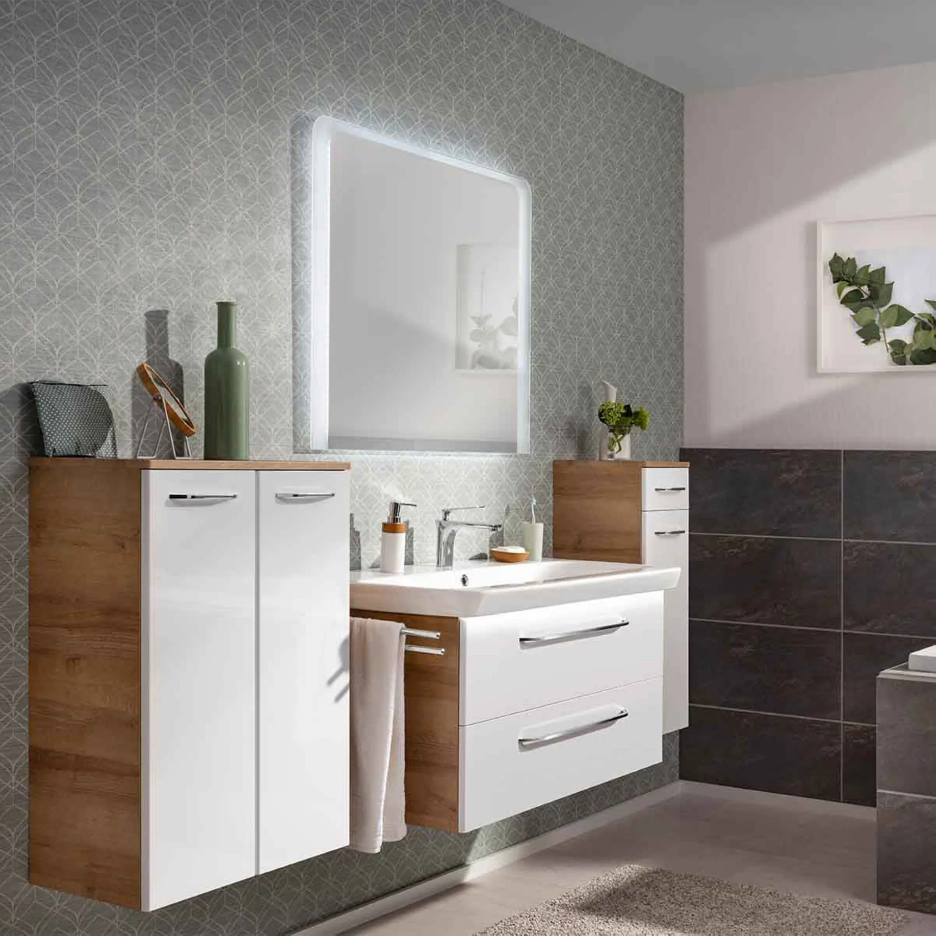 FACKELMANN MILANO Waschbecken mit Unterschrank 88 cm breit, Weiß/Braun hell, Waschbecken Keramik Weiß + Waschbeckenbeleuchtung