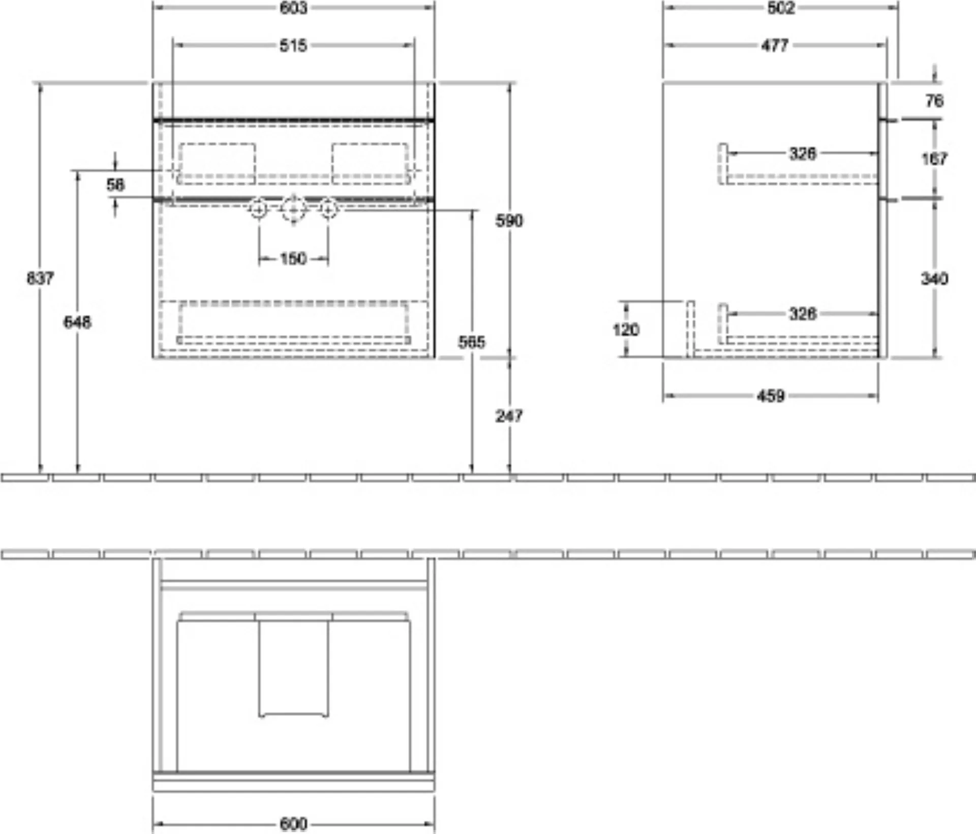 VILLEROY & BOCH VENTICELLO Waschbeckenunterschrank 60 cm breit, Weiß, Griff Chrom, 2 Schubladen