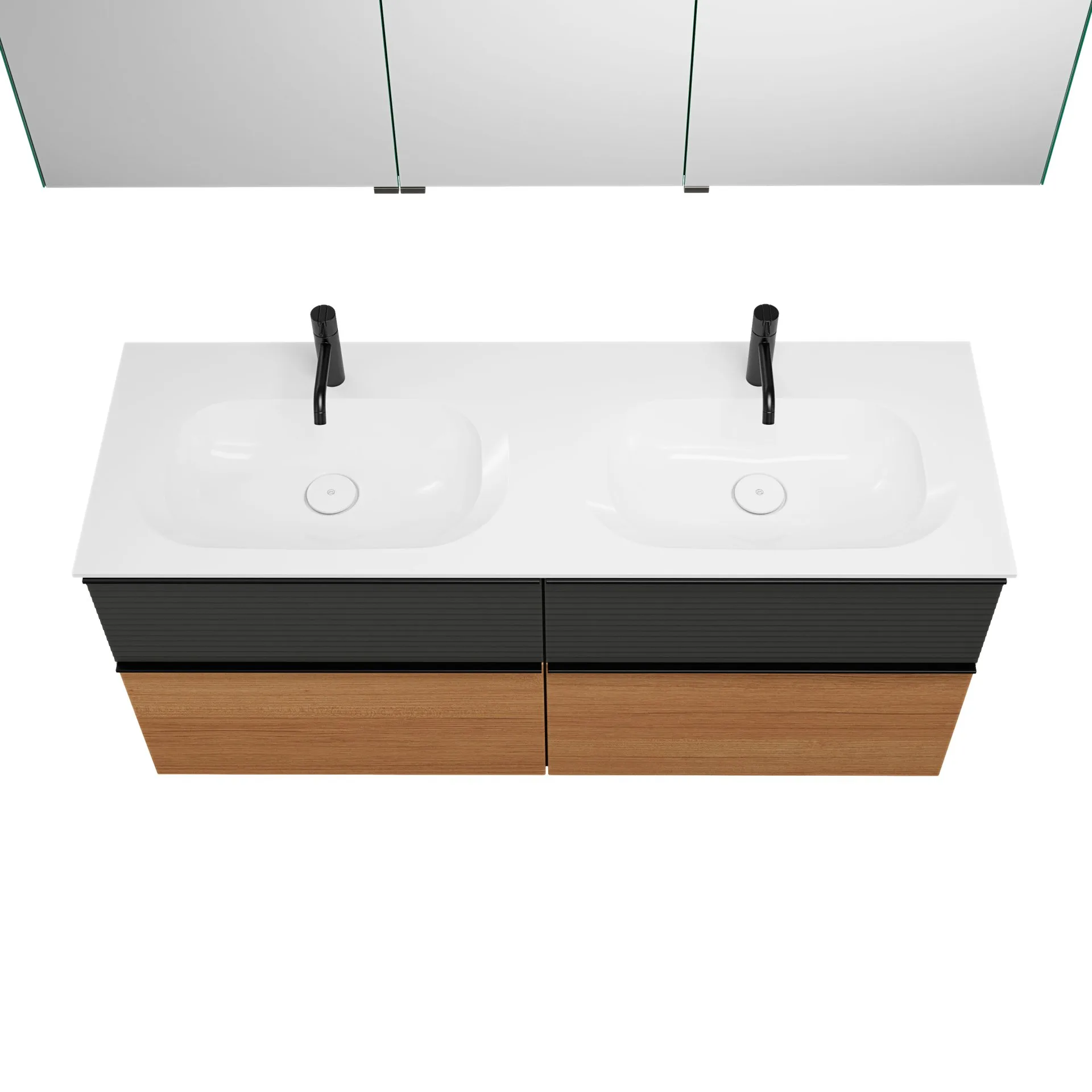 Burgbad FIUMO Waschtisch Set mit Spiegelschrank 142 cm breit, Anthrazit/Braun, Doppelwaschbecken Gussmarmor Weiß, 4 Schubladen, Anschlag rechts