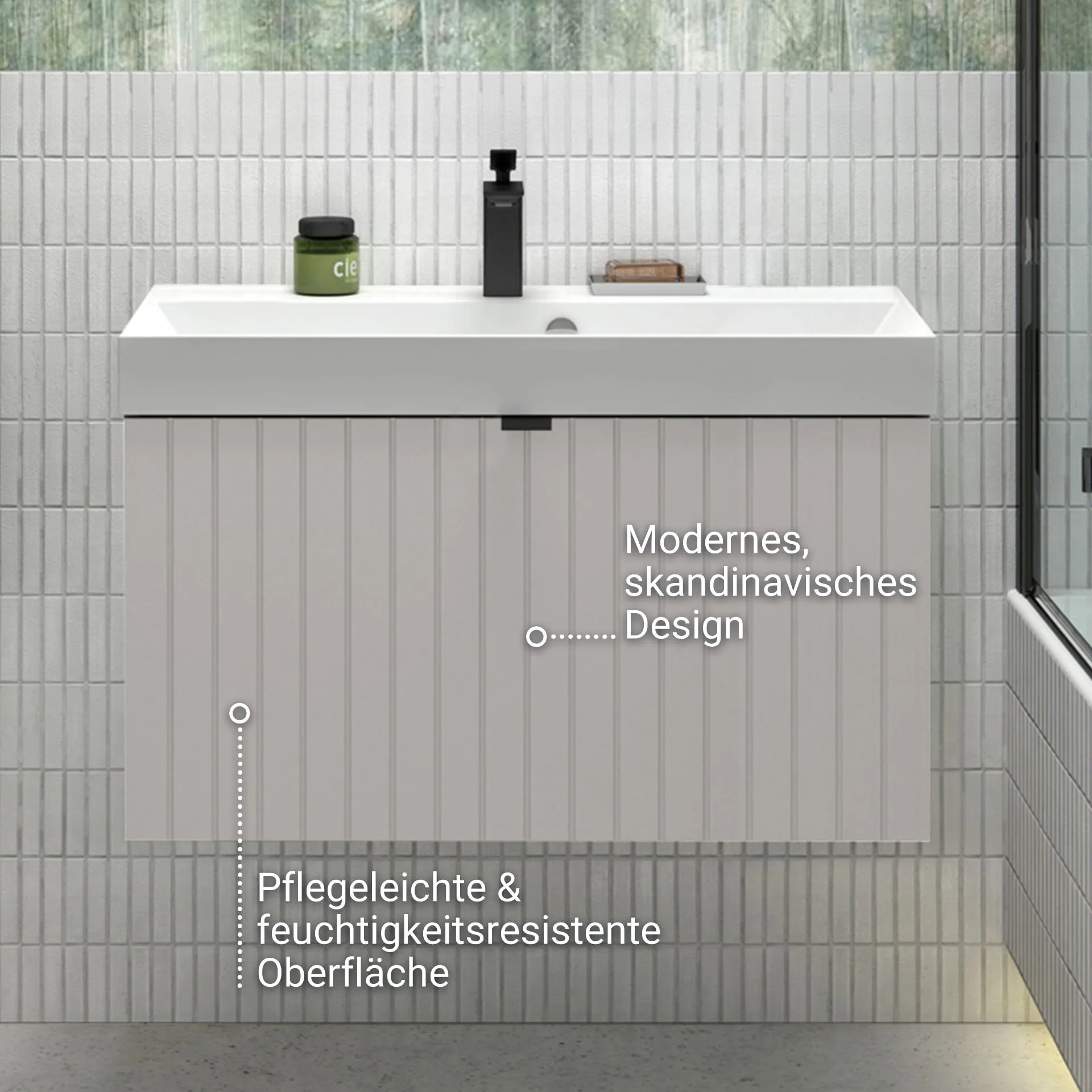 BADEDU ESLA Waschbecken mit Unterschrank 79 cm breit, Grau, Waschbecken Gussmarmor Weiß