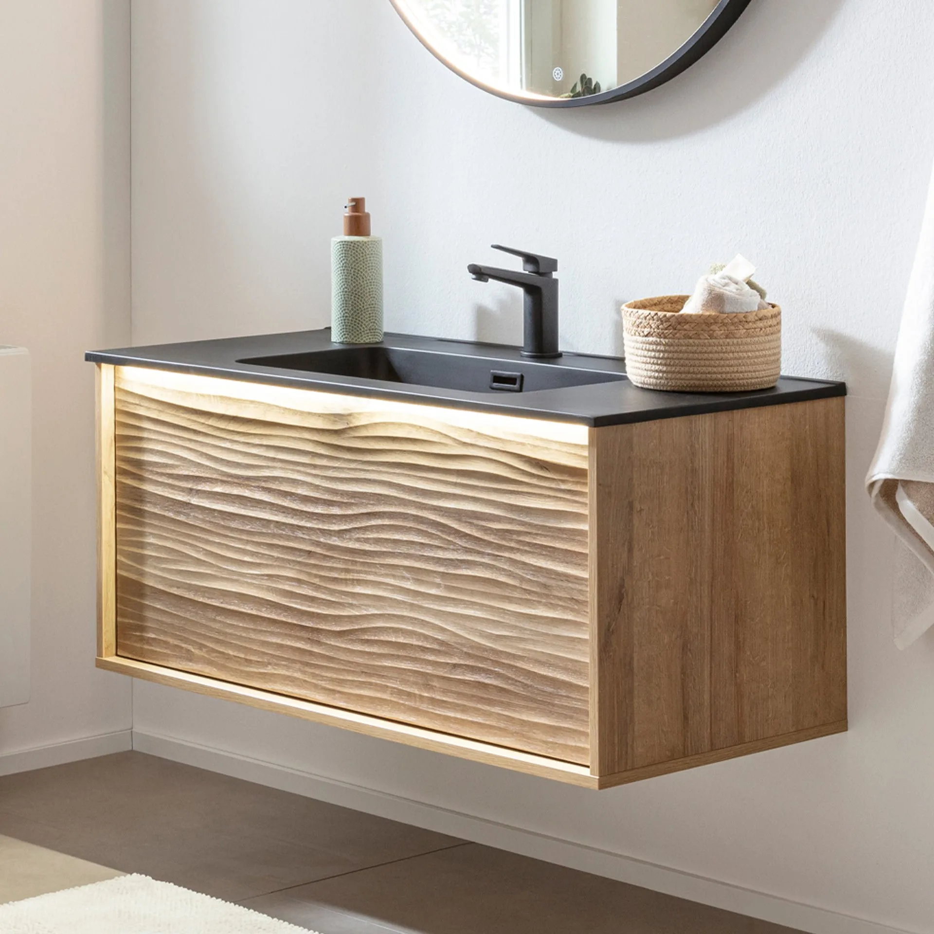 LANZET DUNE Waschbecken mit Unterschrank 101 cm breit, Braun hell, Waschbecken Gussmarmor Weiß, inkl. LED Beleuchtung