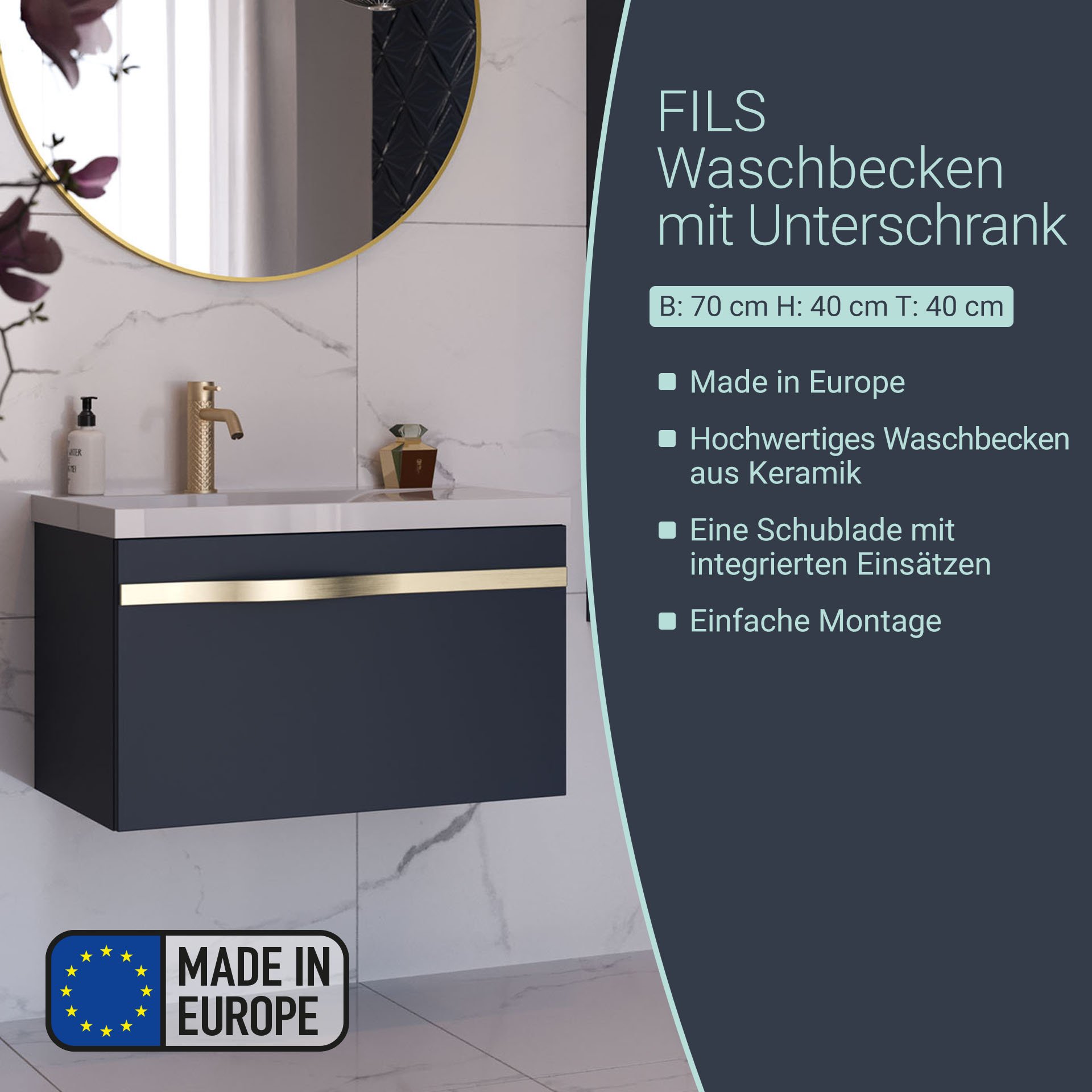 BADEDU FILS Waschbecken mit Unterschrank 69 cm breit, Blau, Waschbecken Gussmarmor Weiß, Griff Gold