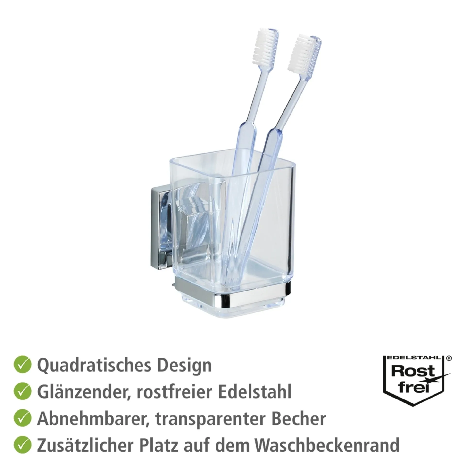 WENKO QUADRO Zahnputzbecher, Chrom glänzend, Befestigen ohne Bohren