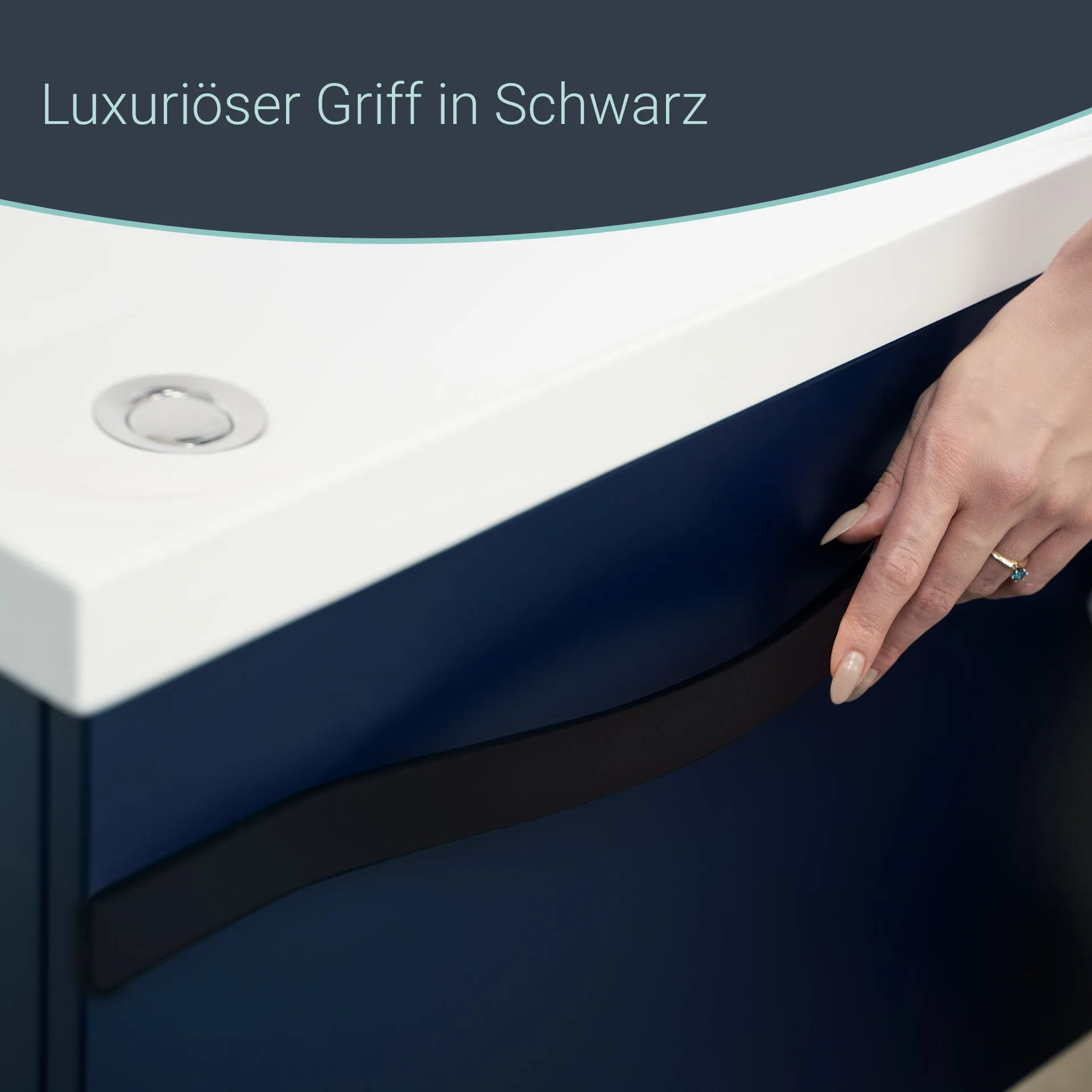 BADEDU FILS Waschbecken mit Unterschrank 69 cm breit, Blau, Waschbecken Gussmarmor Weiß, Griff Schwarz