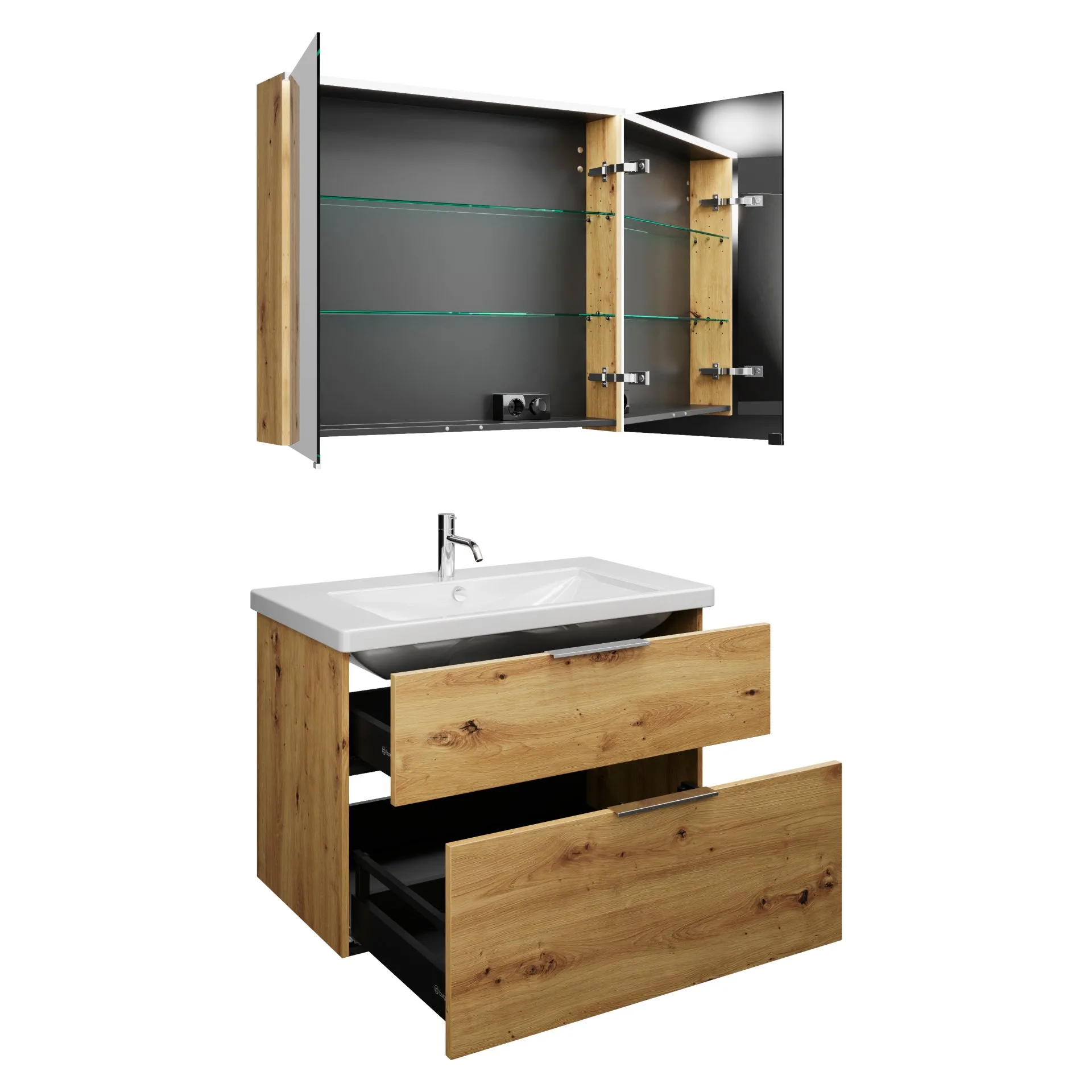 Burgbad EQIO Waschtisch Set mit Spiegelschrank 93 cm breit, Braun, Waschbecken Keramik Weiß