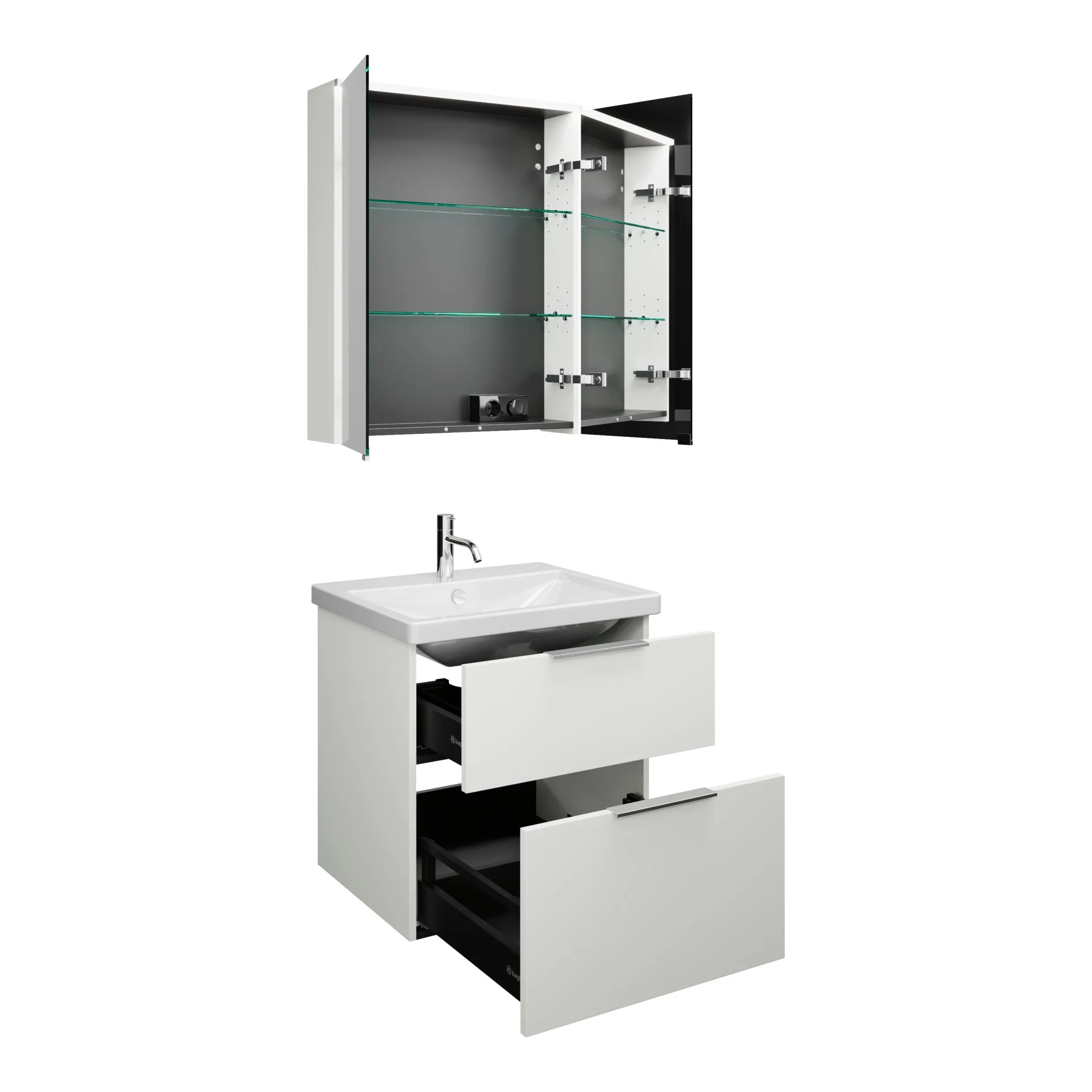 Burgbad EQIO Waschtisch Set mit Spiegelschrank 65 cm breit, Weiß Hochglanz, Waschbecken Keramik Weiß