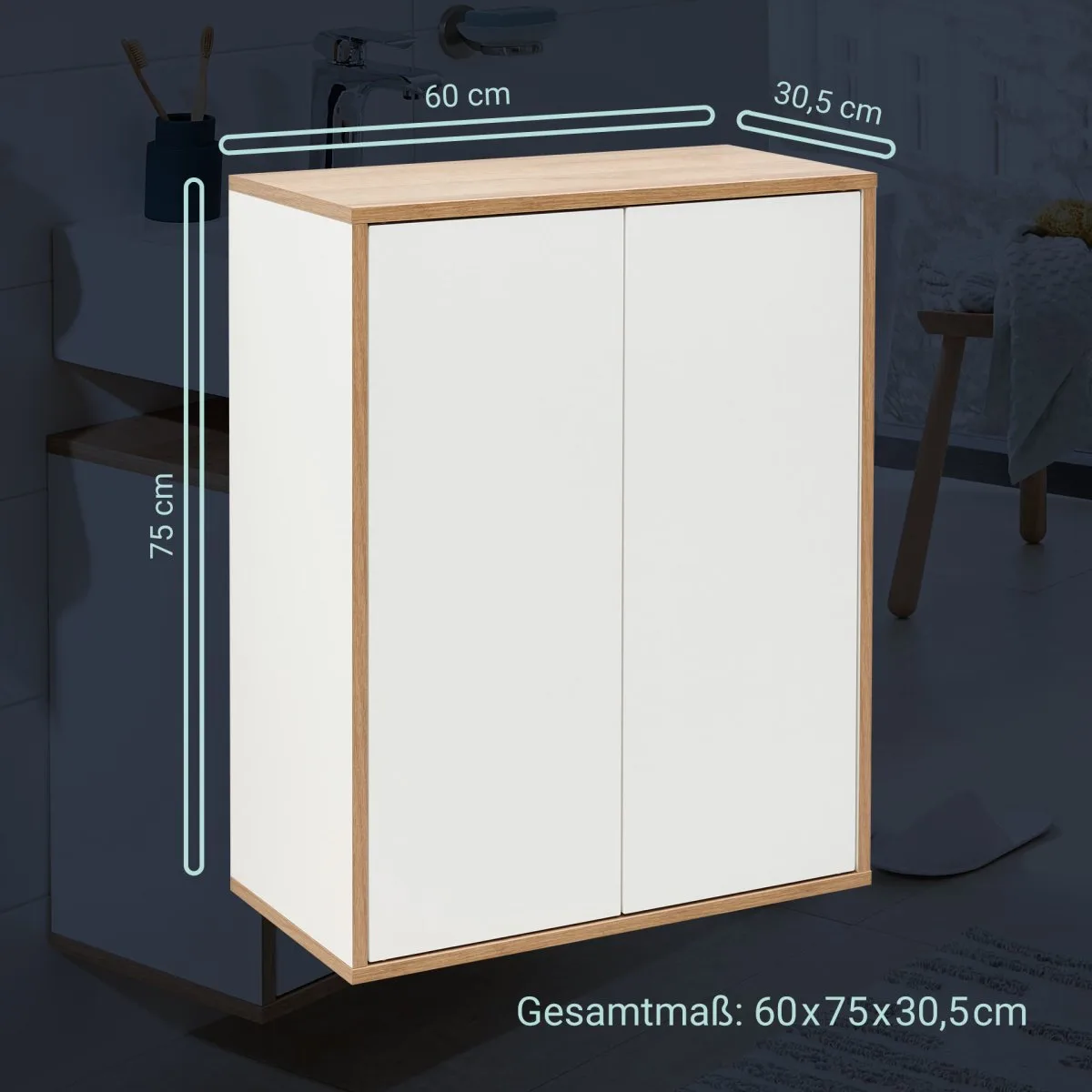 FACKELMANN FINN Doppel Midischrank 60 cm breit, Weiß/Braun hell