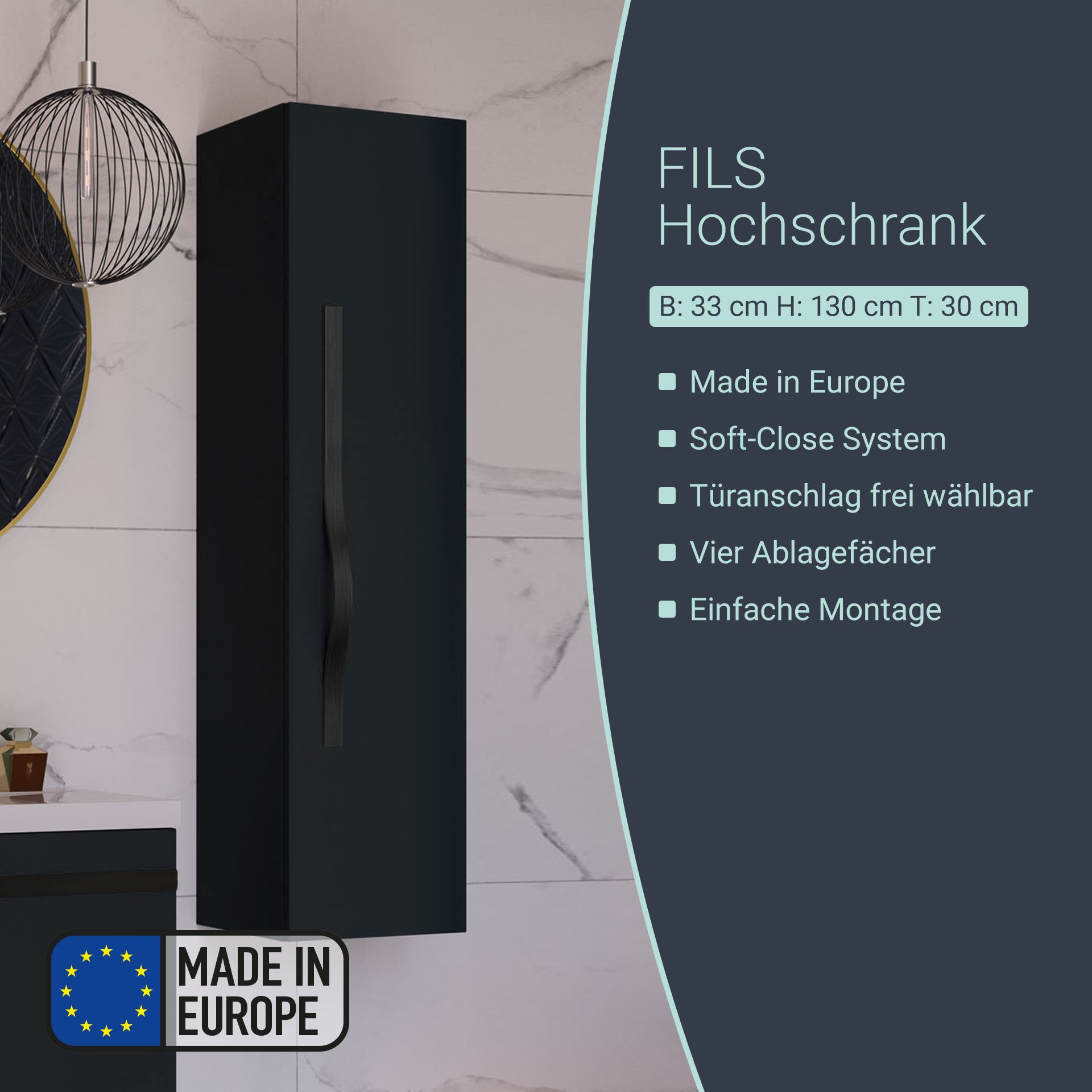 BADEDU FILS Hochschrank 33 cm breit, Schwarz, Griff Schwarz