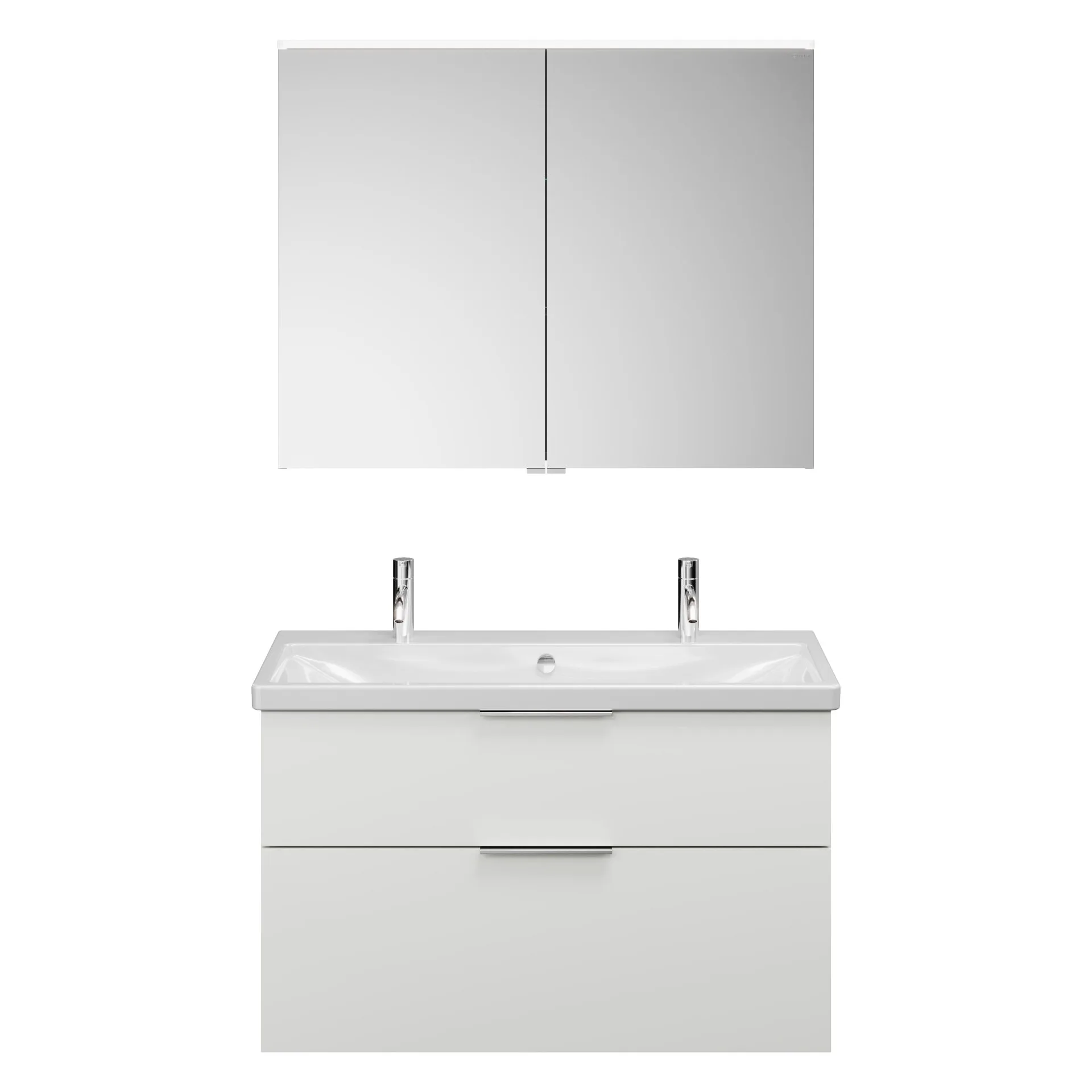 Burgbad EQIO Waschtisch Set mit Spiegelschrank 103 cm breit, Weiß Hochglanz, Doppelwaschbecken Keramik Weiß