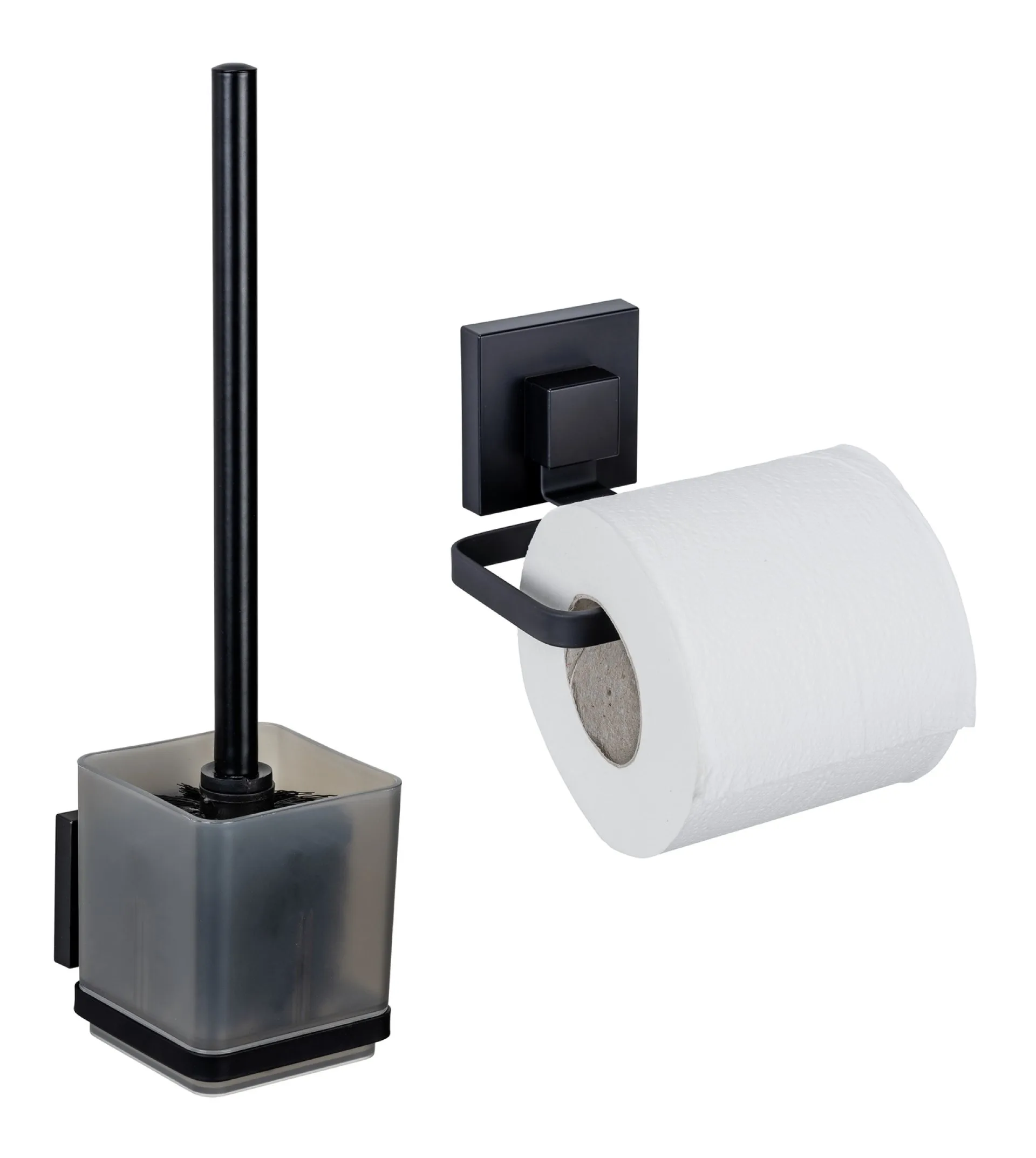 WENKO QUADRO Accessoire Set, Schwarz, Toilettenpapierhalter, WC-Garnitur, Befestigen ohne Bohren