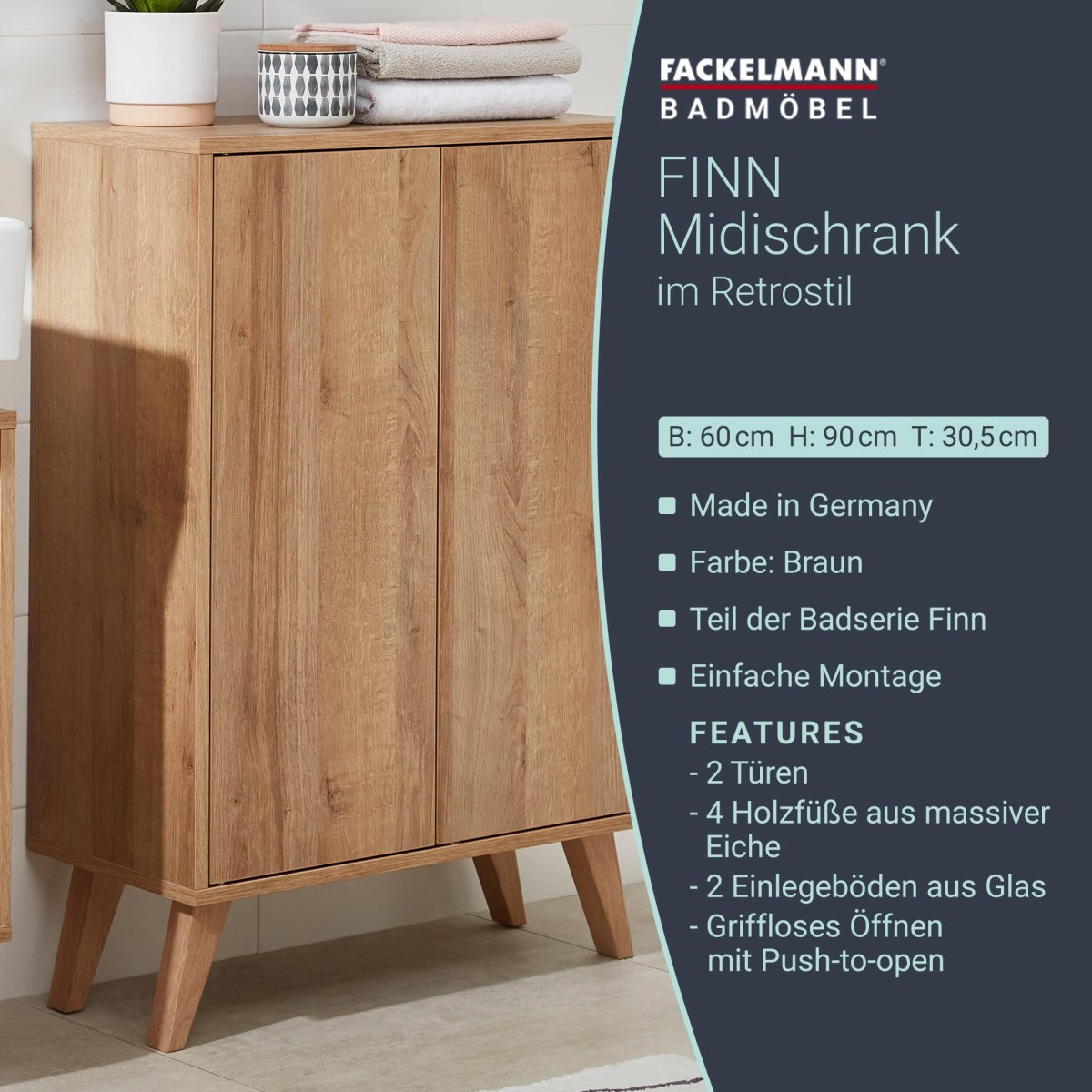 FACKELMANN FINN Doppel Midischrank 60 cm breit, Braun hell + Holzfüße