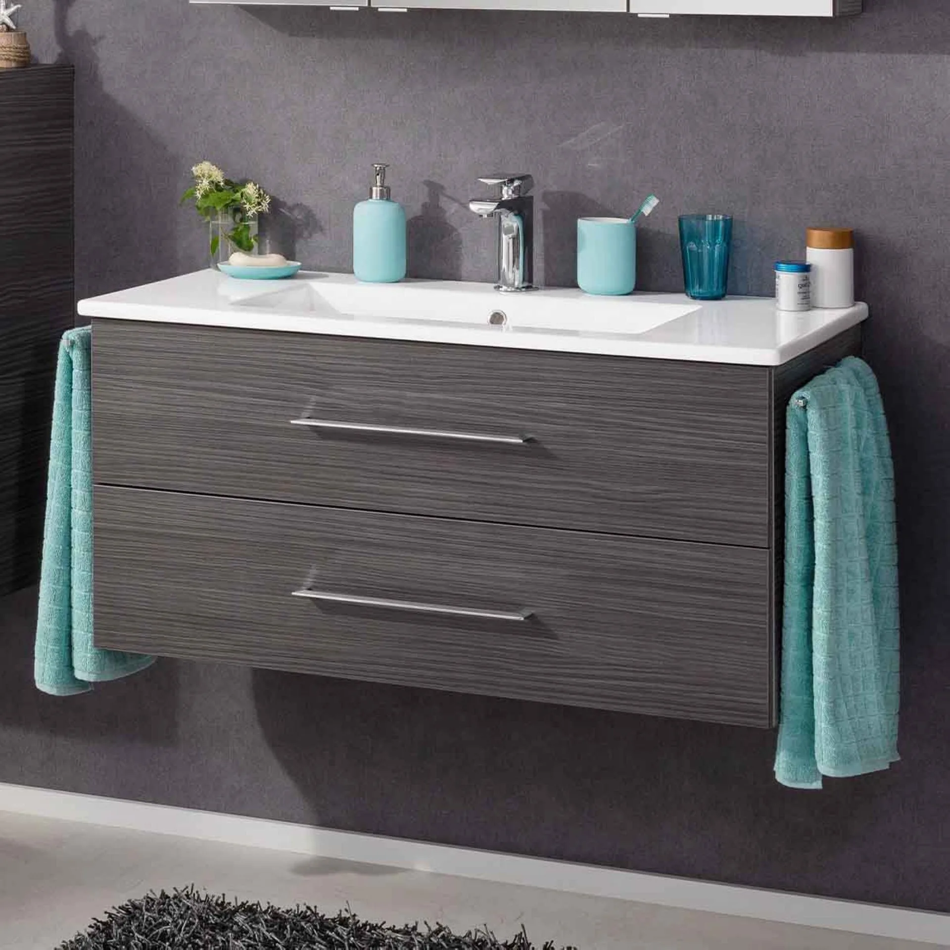 FACKELMANN B.PERFEKT Waschbecken mit Unterschrank 103 cm breit, Anthrazit, Waschbecken Keramik Weiß