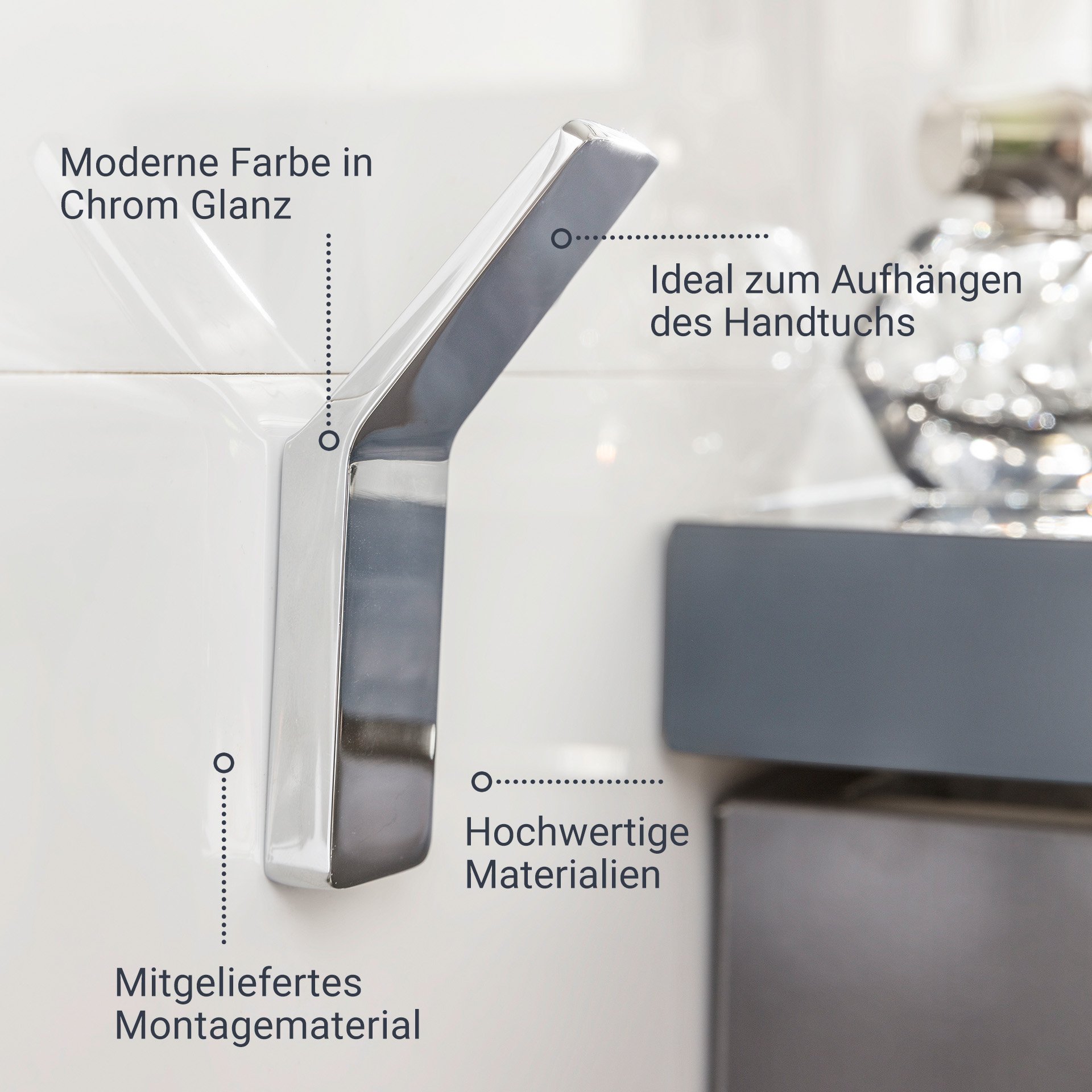 BADEDU SIRIUS Accessoire Set 3-teilig, Chrom, Handtuchhaken, Toilettenpapierhalter, Ablageschale