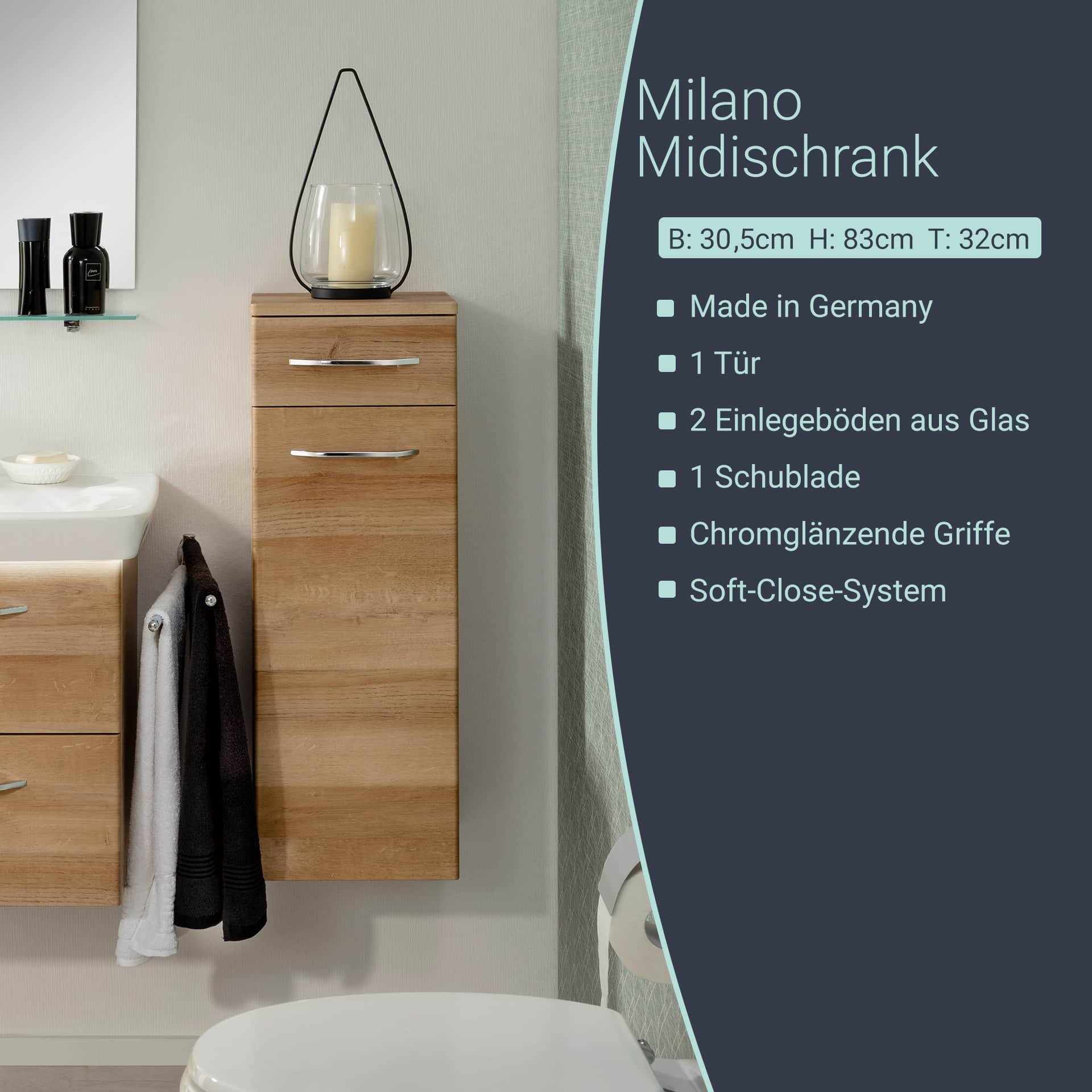 FACKELMANN MILANO Hochschrank + Midischrank mit Schublade 30 cm breit, Braun hell