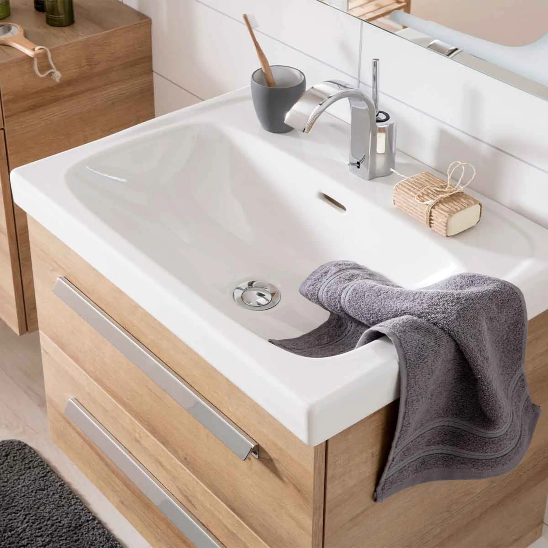 LANZET K1 Waschbecken mit Unterschrank 61 cm breit, Braun hell, Waschbecken Keramik Weiß