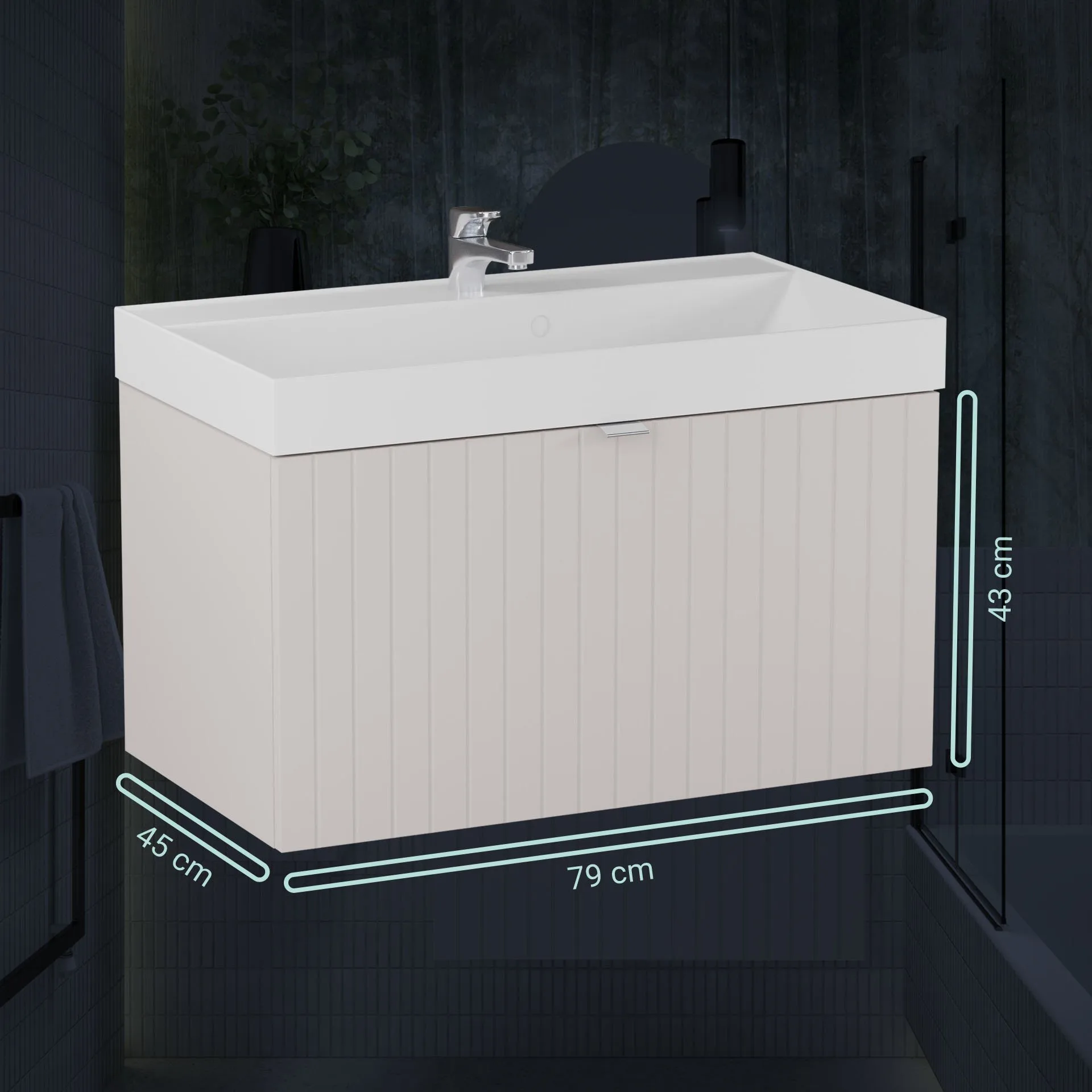 BADEDU ESLA Waschbecken mit Unterschrank 79 cm breit, Grau, Waschbecken Gussmarmor Weiß