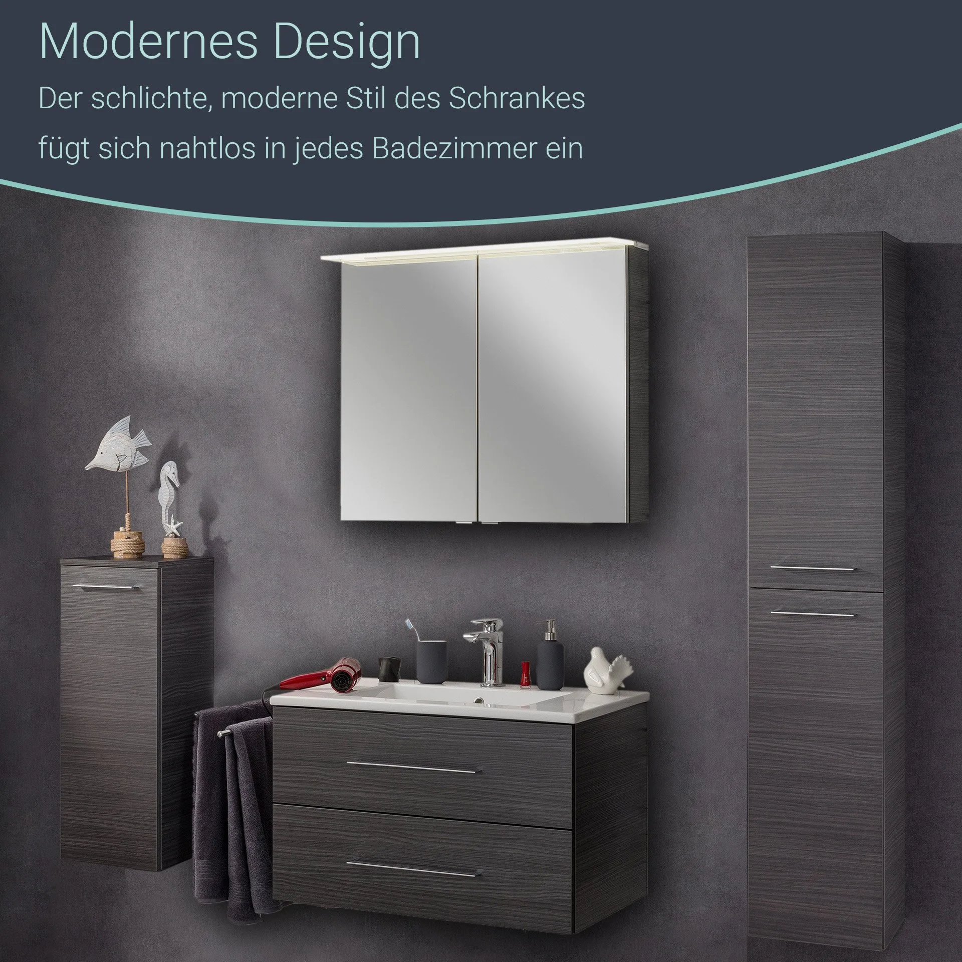 Fackelmann B.PERFEKT LED Spiegelschrank 80 cm breit, Anthrazit