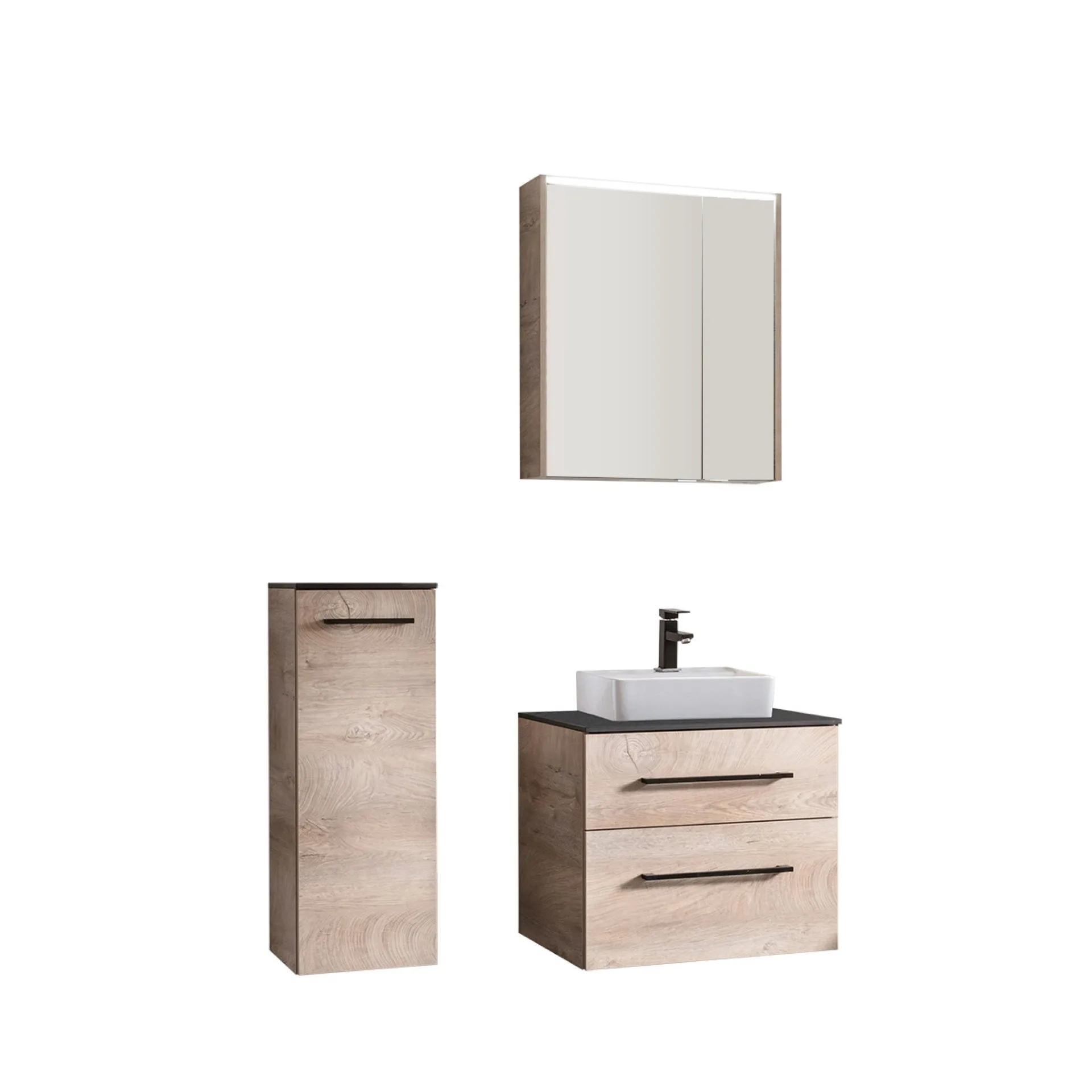 FACKELMANN OXFORD Badmöbel Set 5-teilig 60 cm breit, Braun hell, Aufsatzwaschbecken Keramik Weiß + Waschtischplatte + LED Spiegelschrank + Midischrank