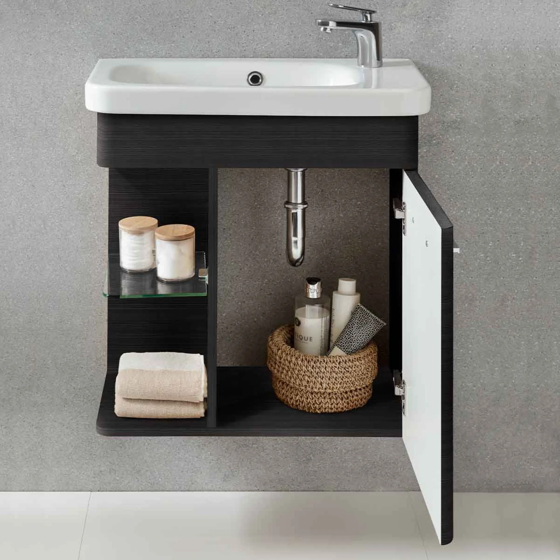 LANZET K8 Gäste WC Waschtisch Set 60 cm breit, Anthrazit Holzoptik, Waschbecken Keramik Weiß, Türanschlag rechts