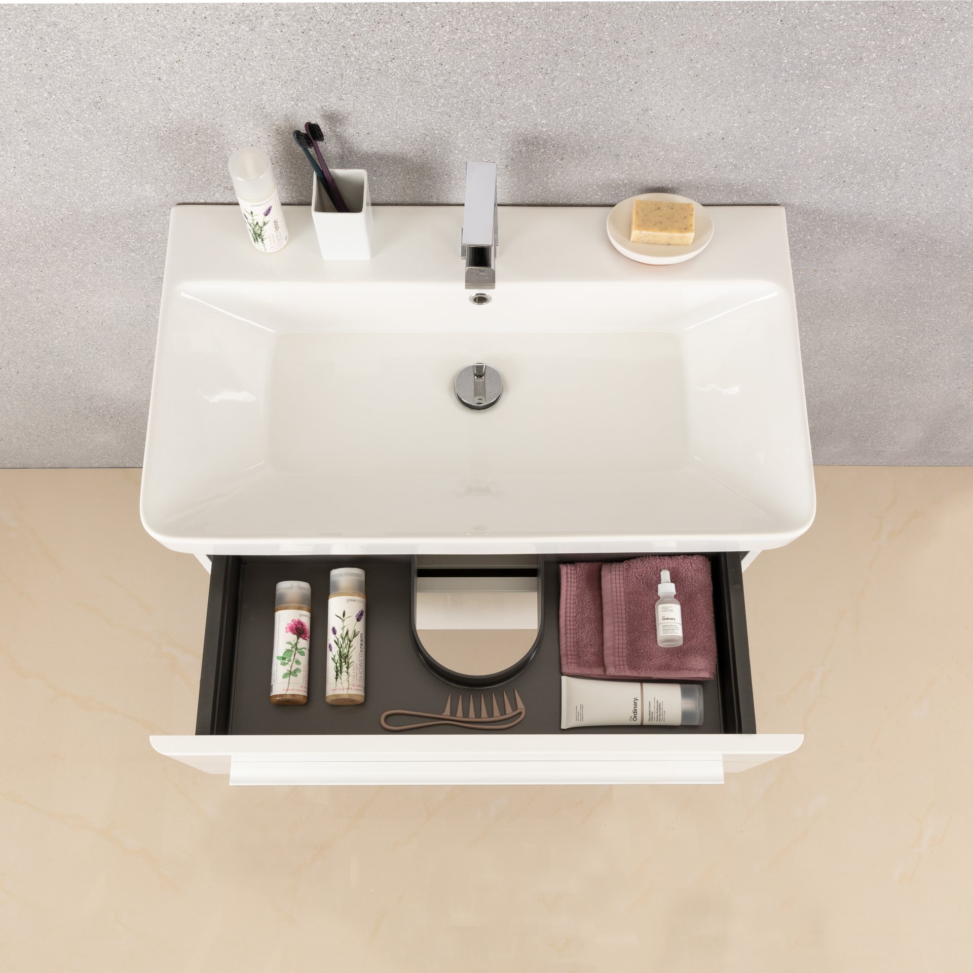 Lanzet K8 Badmöbel Set 3-teilig, 60cm, Weiß, LED-Spiegelschrank, Keramikbecken